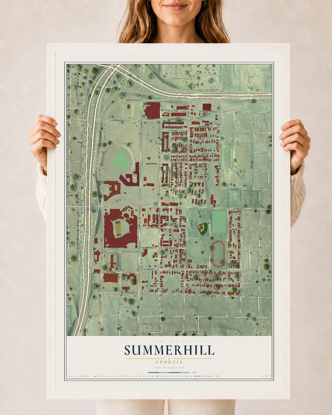 Summerhill, Georgia map print, 24" x 36" W/ White Ayous Wood Frame mockup