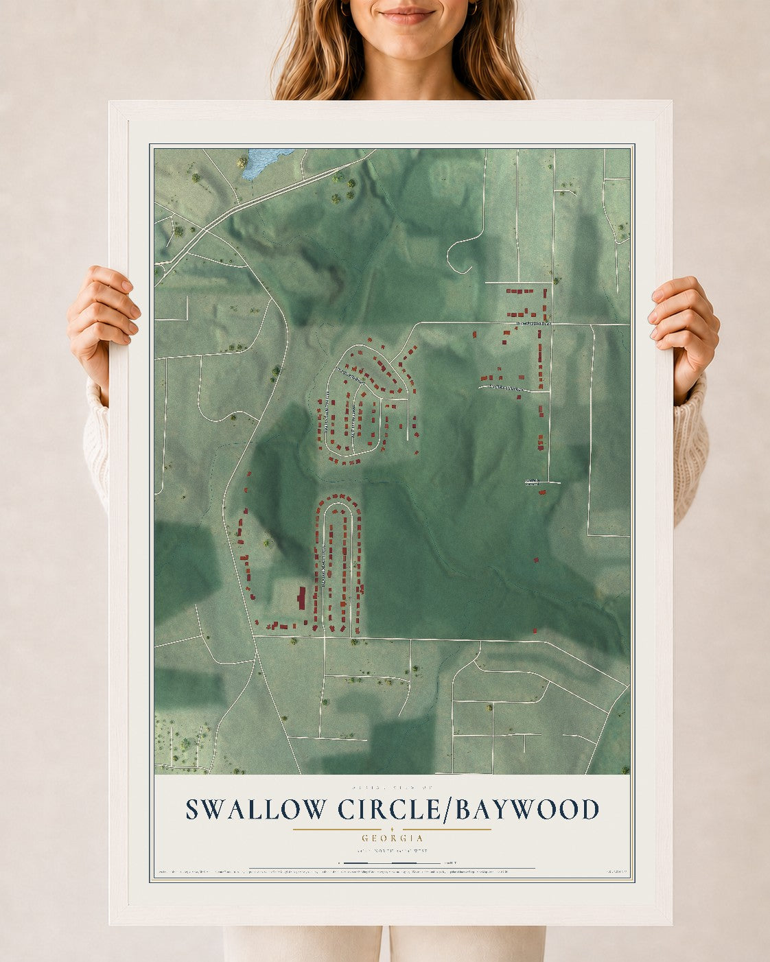 Swallow Circle-Baywood, Georgia map print, 24" x 36" W/ White Ayous Wood Frame mockup