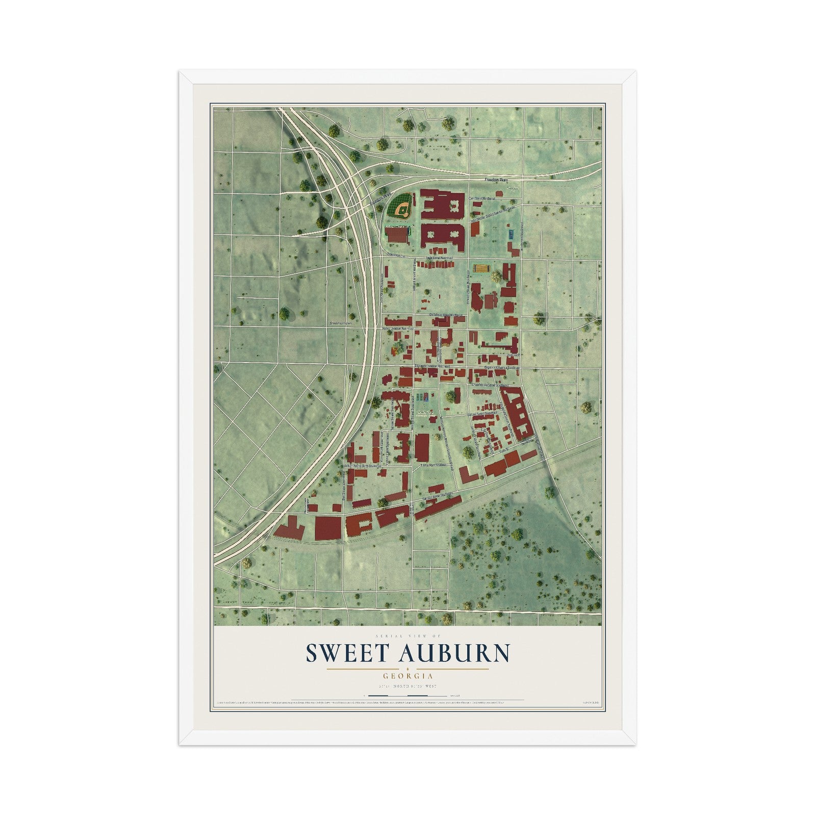 Sweet Auburn, Georgia map print, 12" x 18" W/ White Ayous Wood Frame mockup