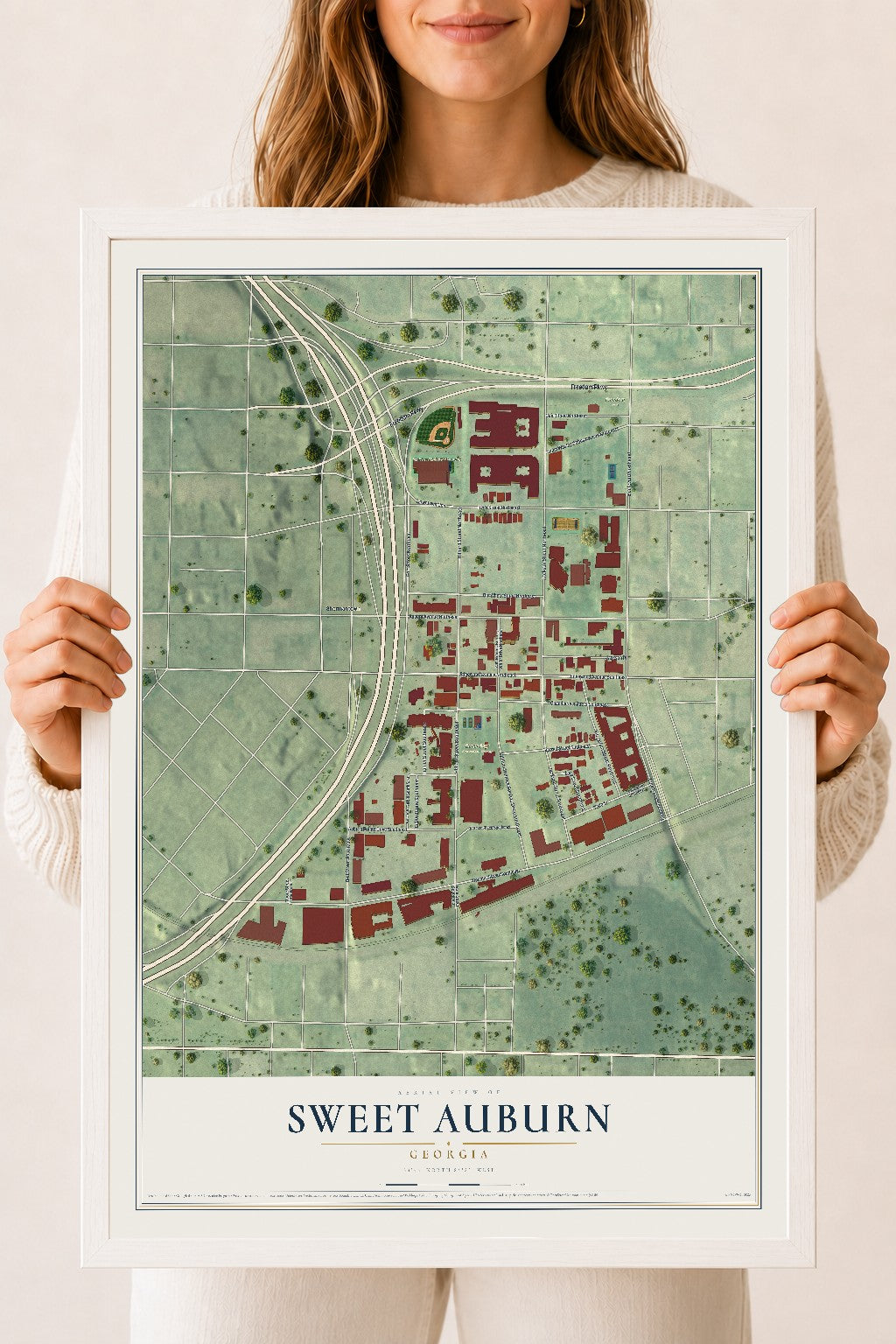 Sweet Auburn, Georgia map print, 18" x 24" W/ White Ayous Wood Frame mockup