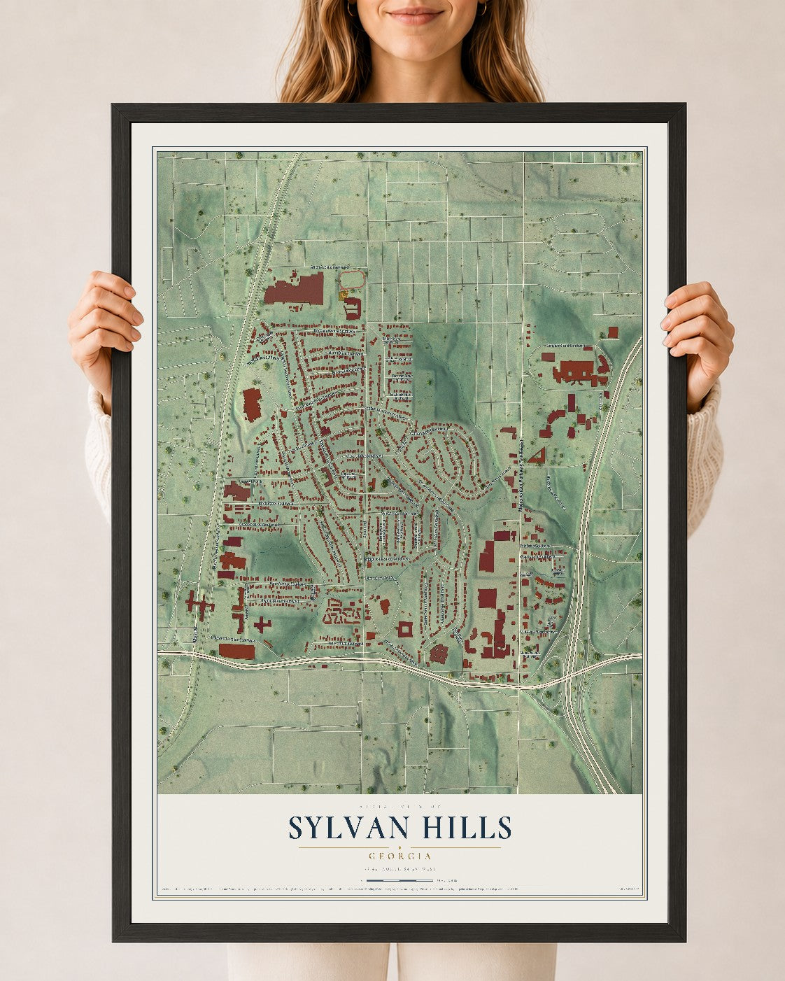Sylvan Hills, Georgia map print, 24" x 36" W/ Black Ayous Wood Frame mockup