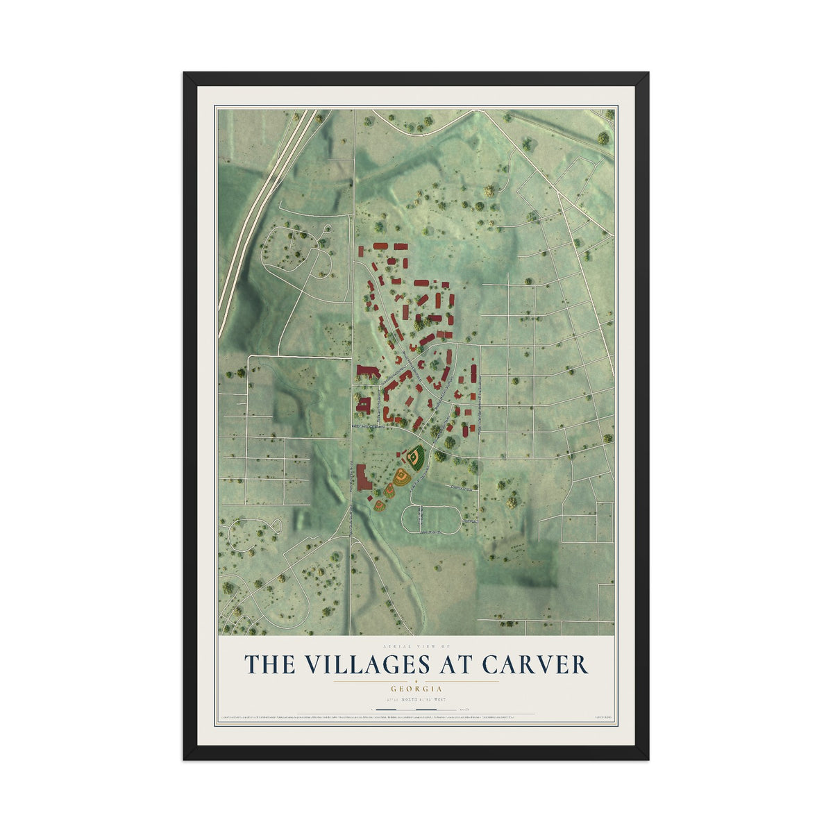 The Villages at Carver, Georgia map print, 12" x 18" W/ Black Ayous Wood Frame mockup