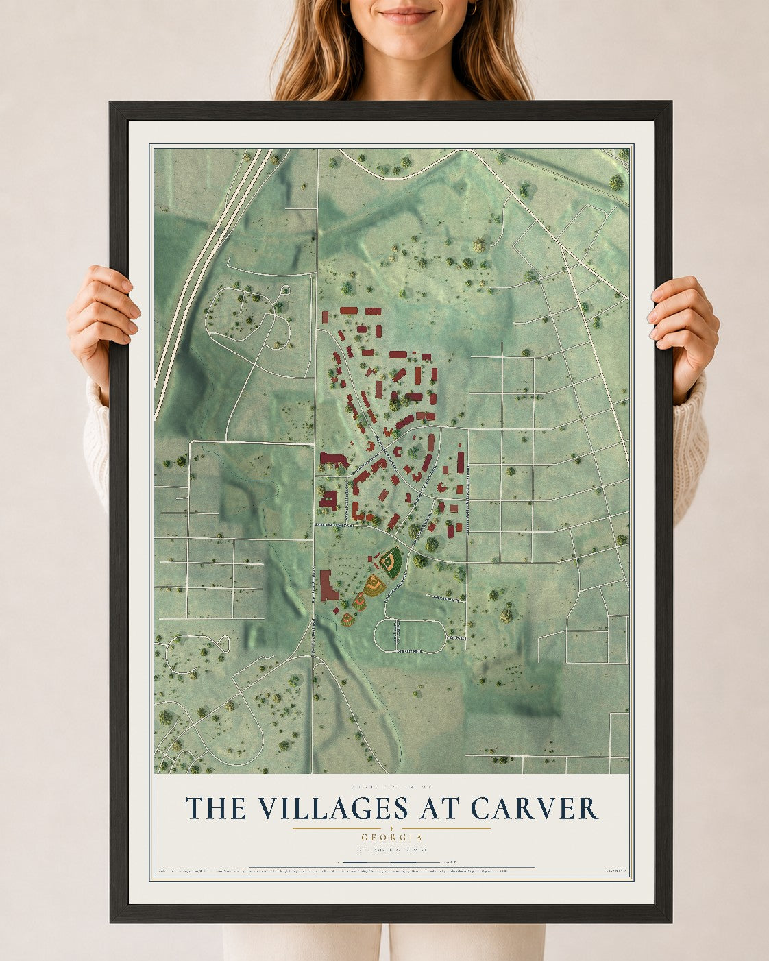 The Villages at Carver, Georgia map print, 24" x 36" W/ Black Ayous Wood Frame mockup