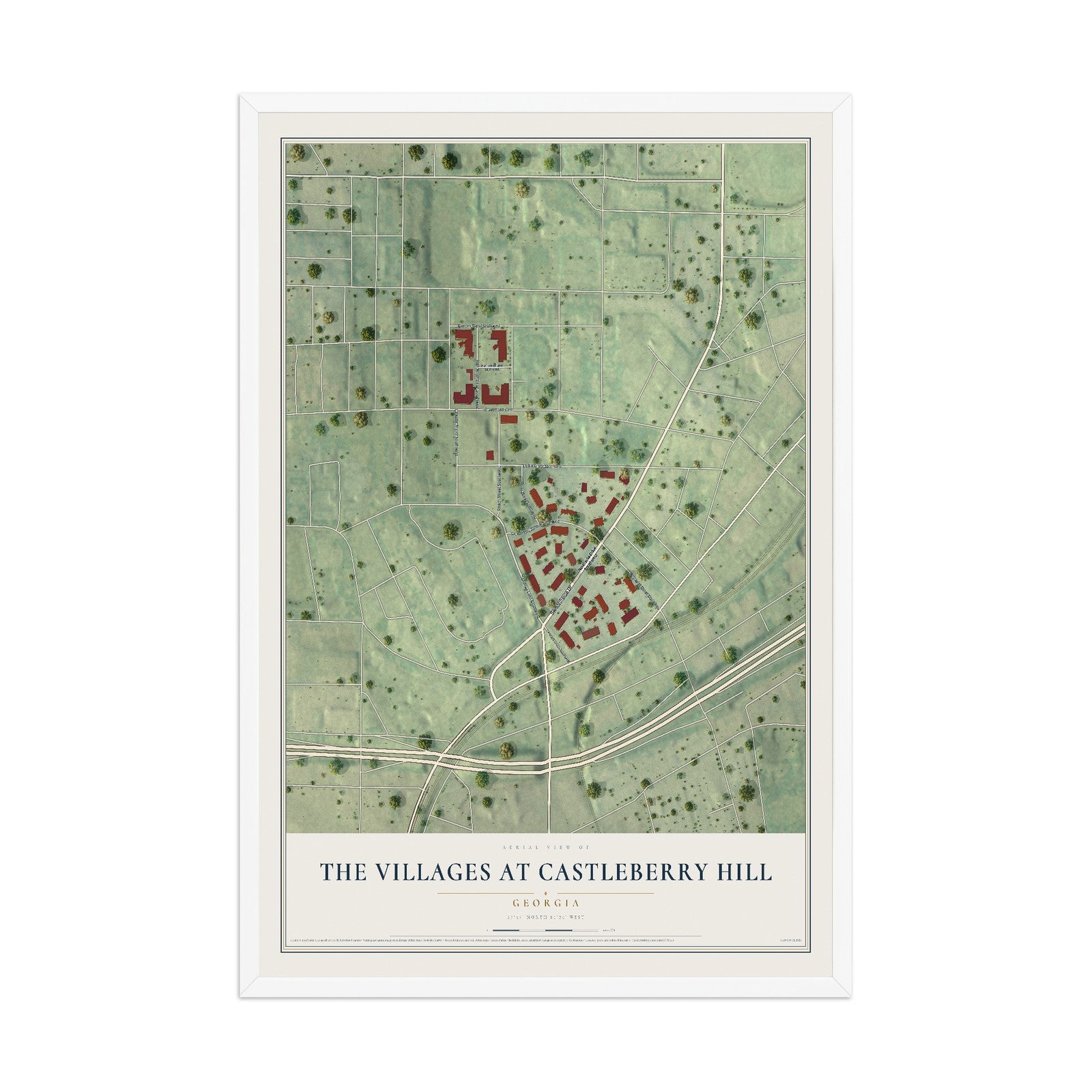 The Villages at Castleberry Hill, Georgia map print, 12" x 18" W/ White Ayous Wood Frame mockup