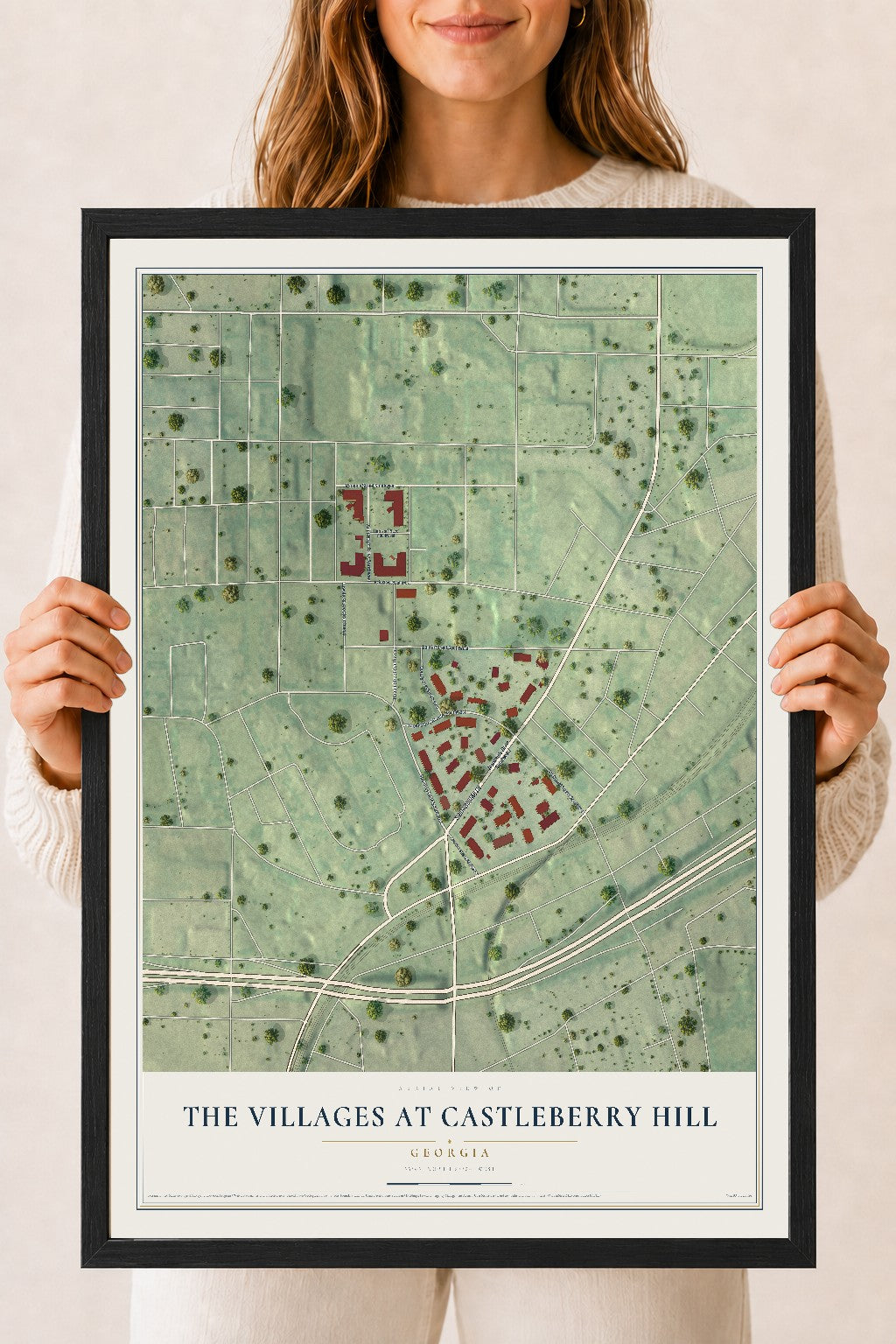 The Villages at Castleberry Hill, Georgia map print, 18" x 24" W/ Black Ayous Wood Frame mockup