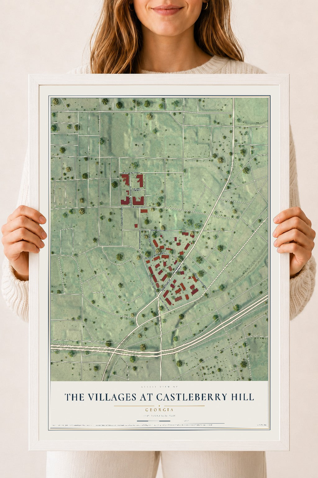 The Villages at Castleberry Hill, Georgia map print, 18" x 24" W/ White Ayous Wood Frame mockup