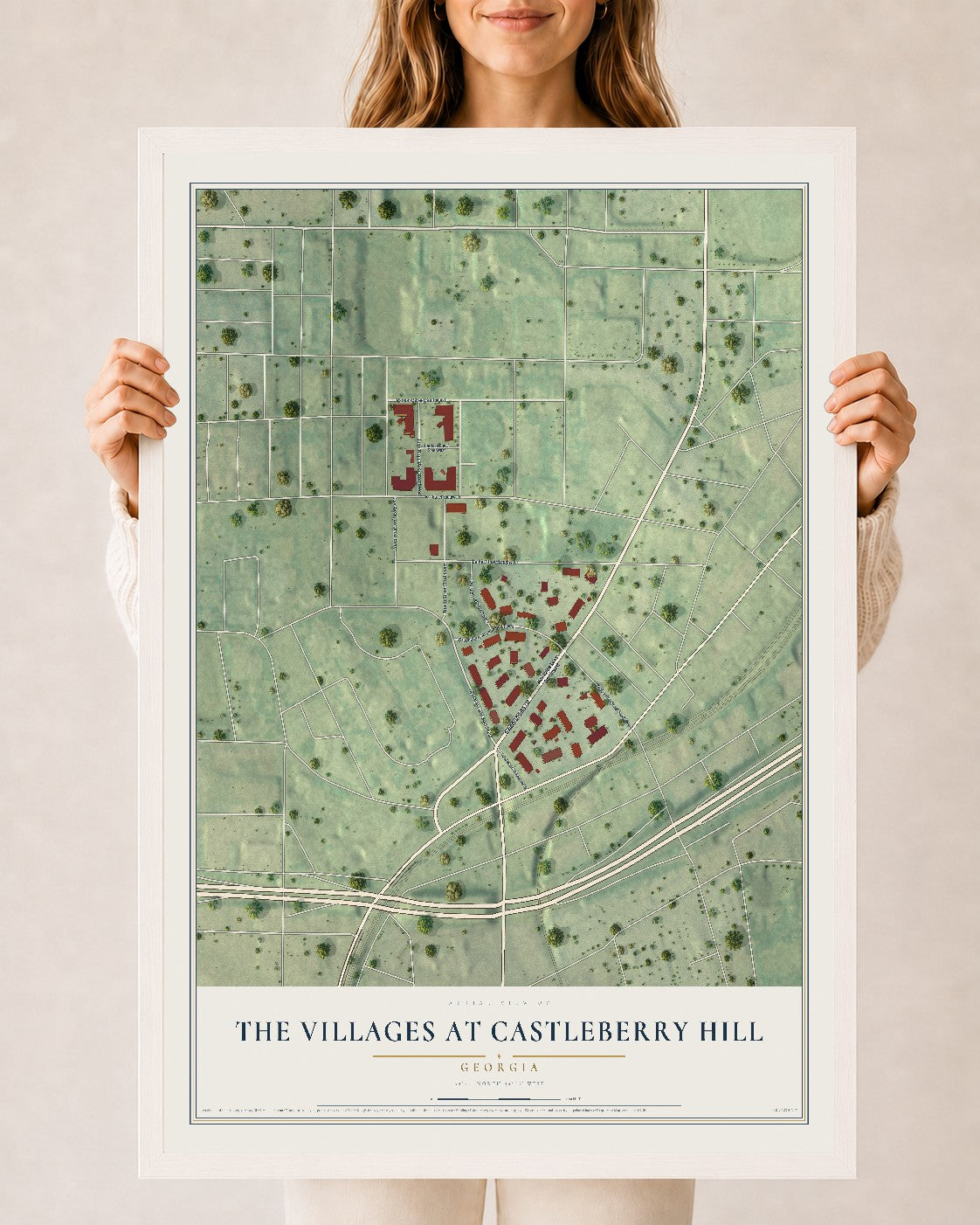 The Villages at Castleberry Hill, Georgia map print, 24" x 36" W/ White Ayous Wood Frame mockup