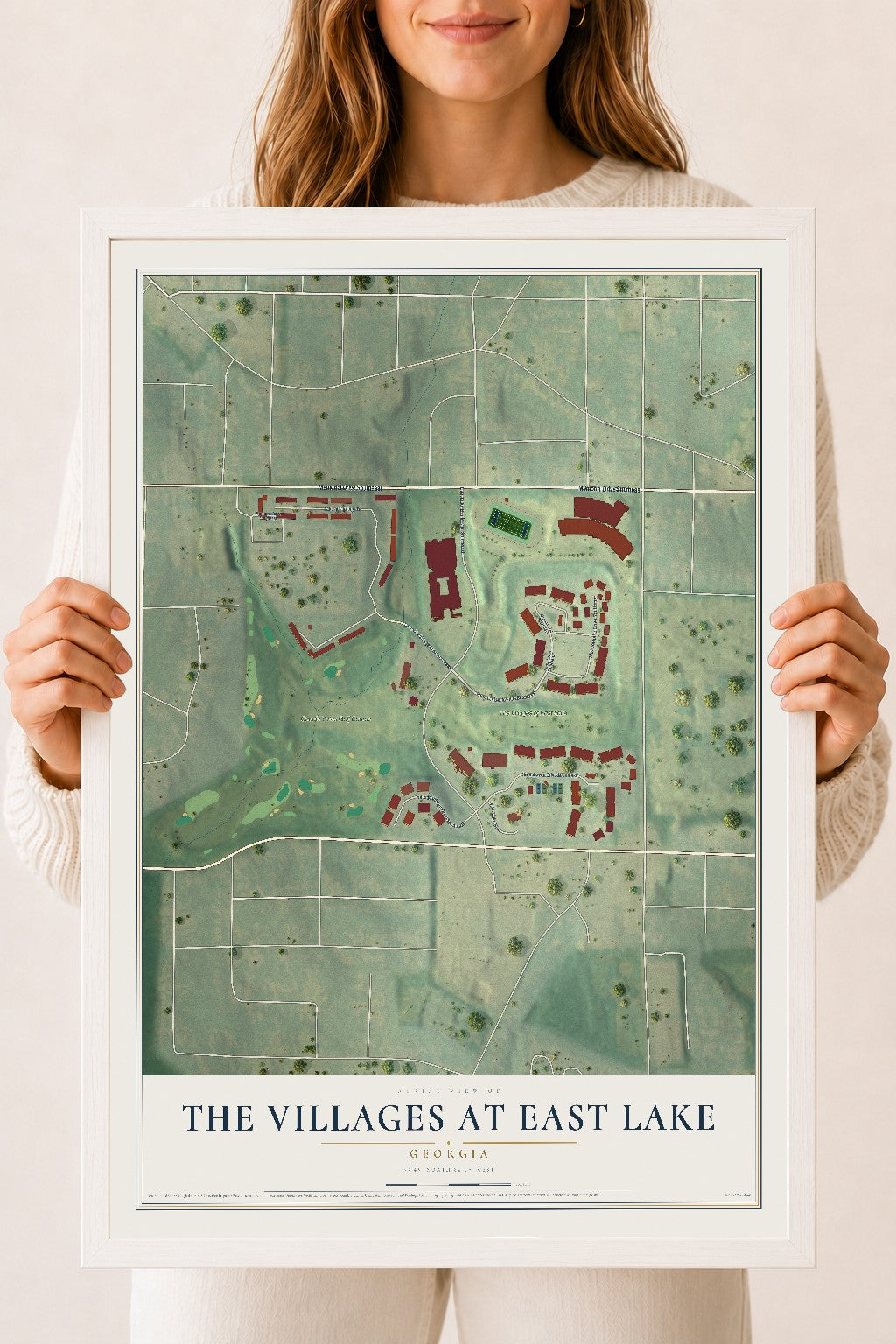 The Villages at East Lake, Georgia map print, 18" x 24" W/ White Ayous Wood Frame mockup