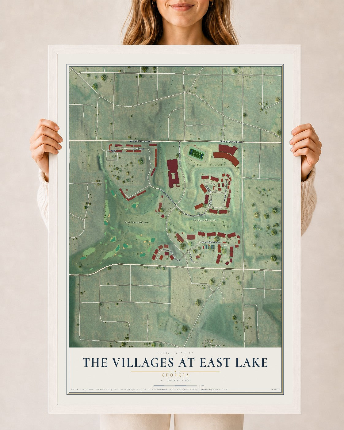 The Villages at East Lake, Georgia map print, 24" x 36" W/ White Ayous Wood Frame mockup