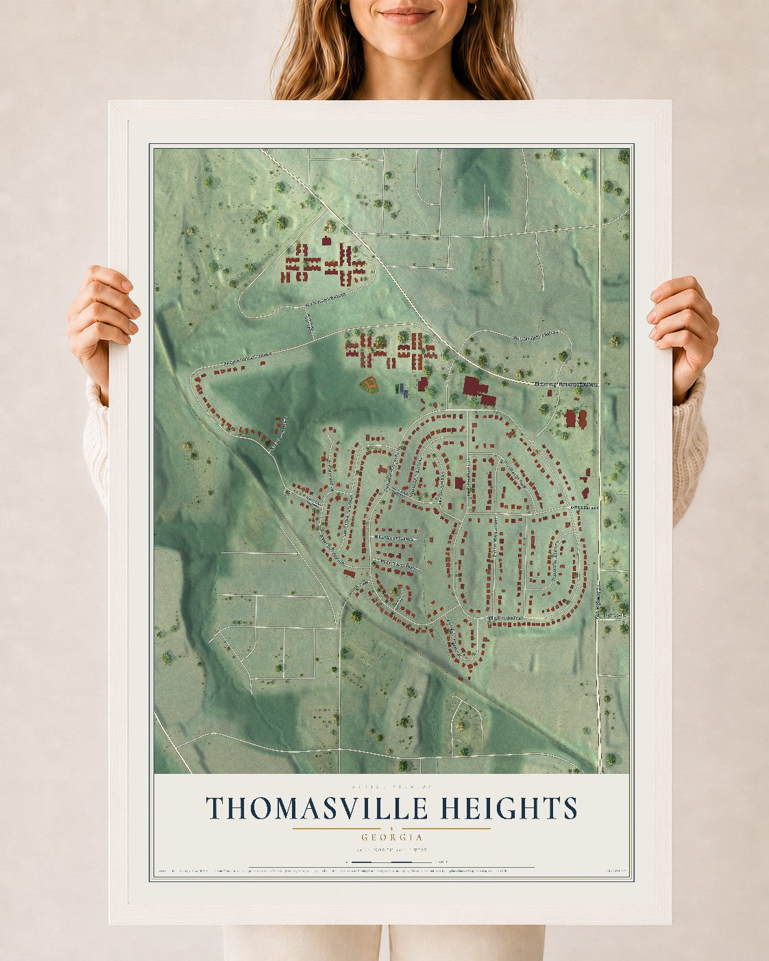 Thomasville Heights, Georgia map print, 24" x 36" W/ White Ayous Wood Frame mockup