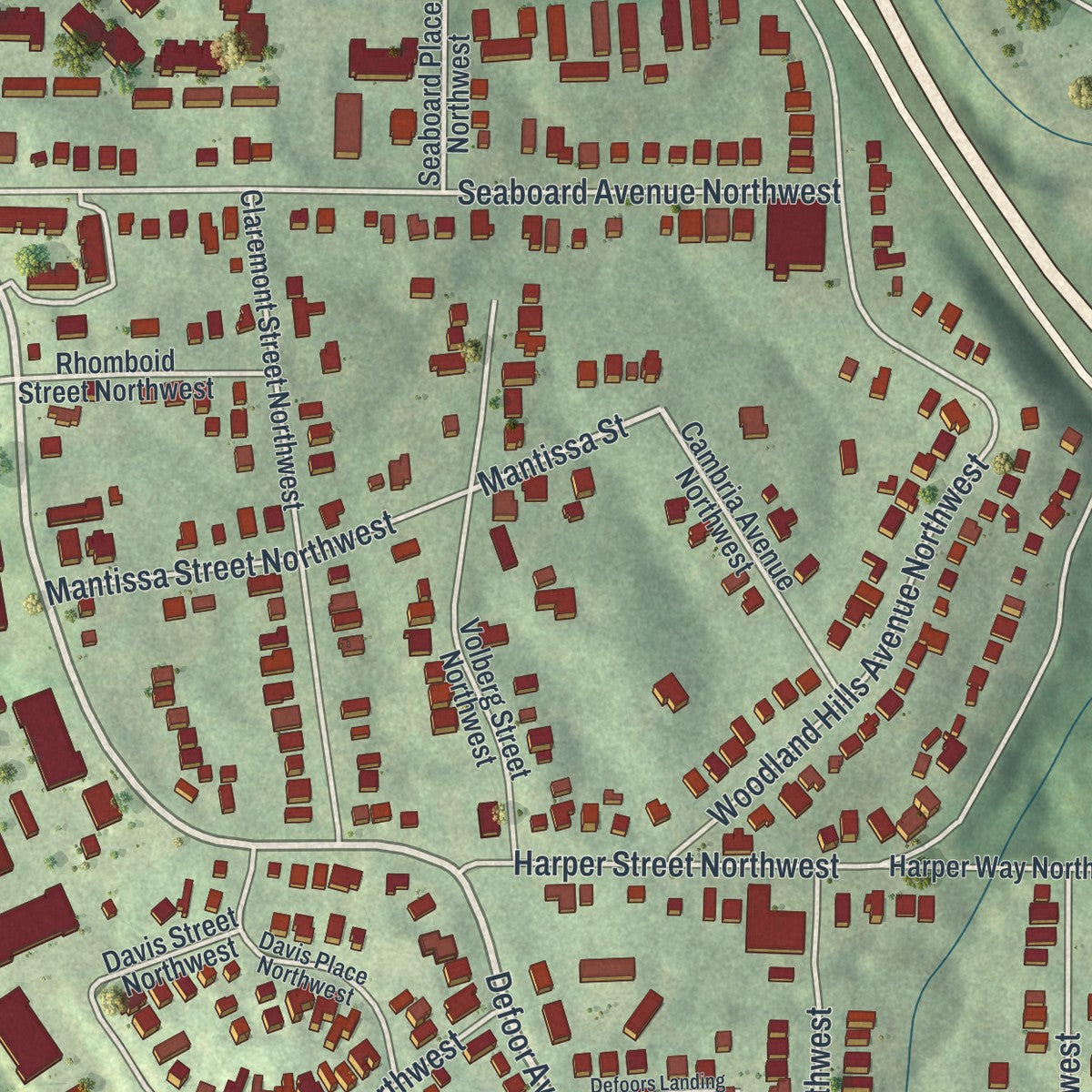 Close-up 1 of the Underwood Hills, Georgia map artwork