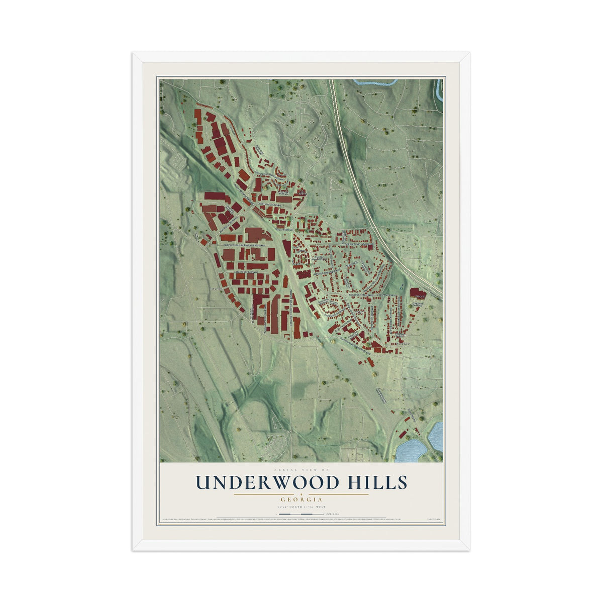 Underwood Hills, Georgia map print, 12" x 18" W/ White Ayous Wood Frame mockup
