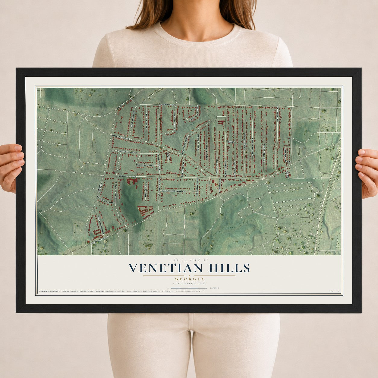 Venetian Hills, Georgia map print, 18" x 24" W/ Black Ayous Wood Frame mockup