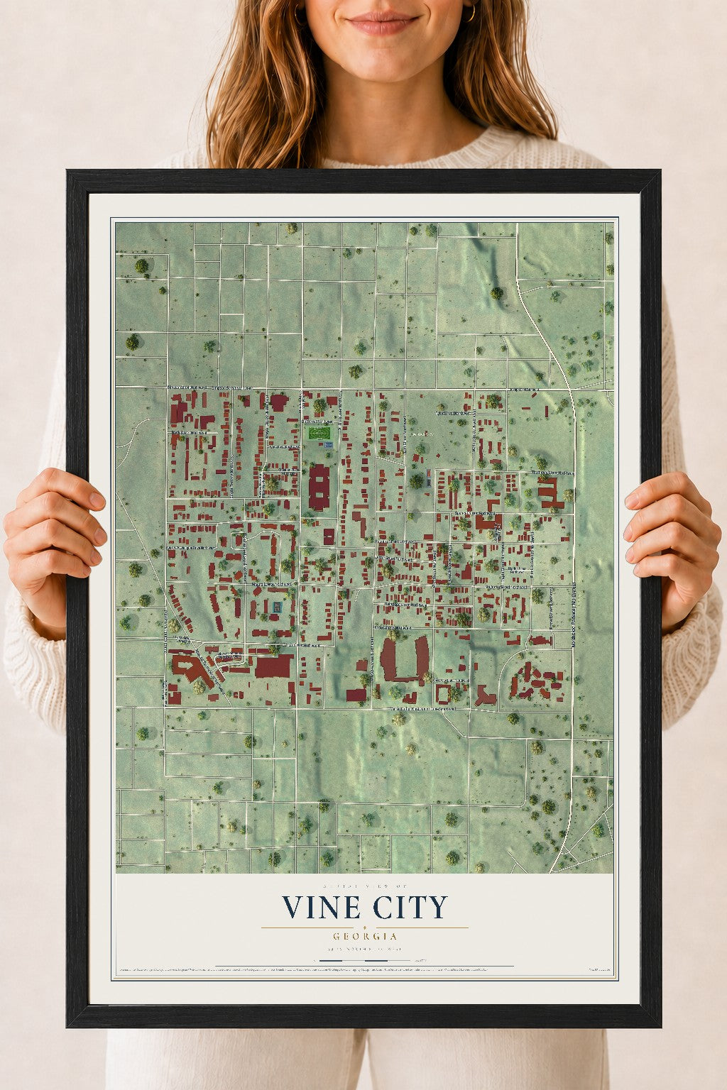 Vine City, Georgia map print, 18" x 24" W/ Black Ayous Wood Frame mockup