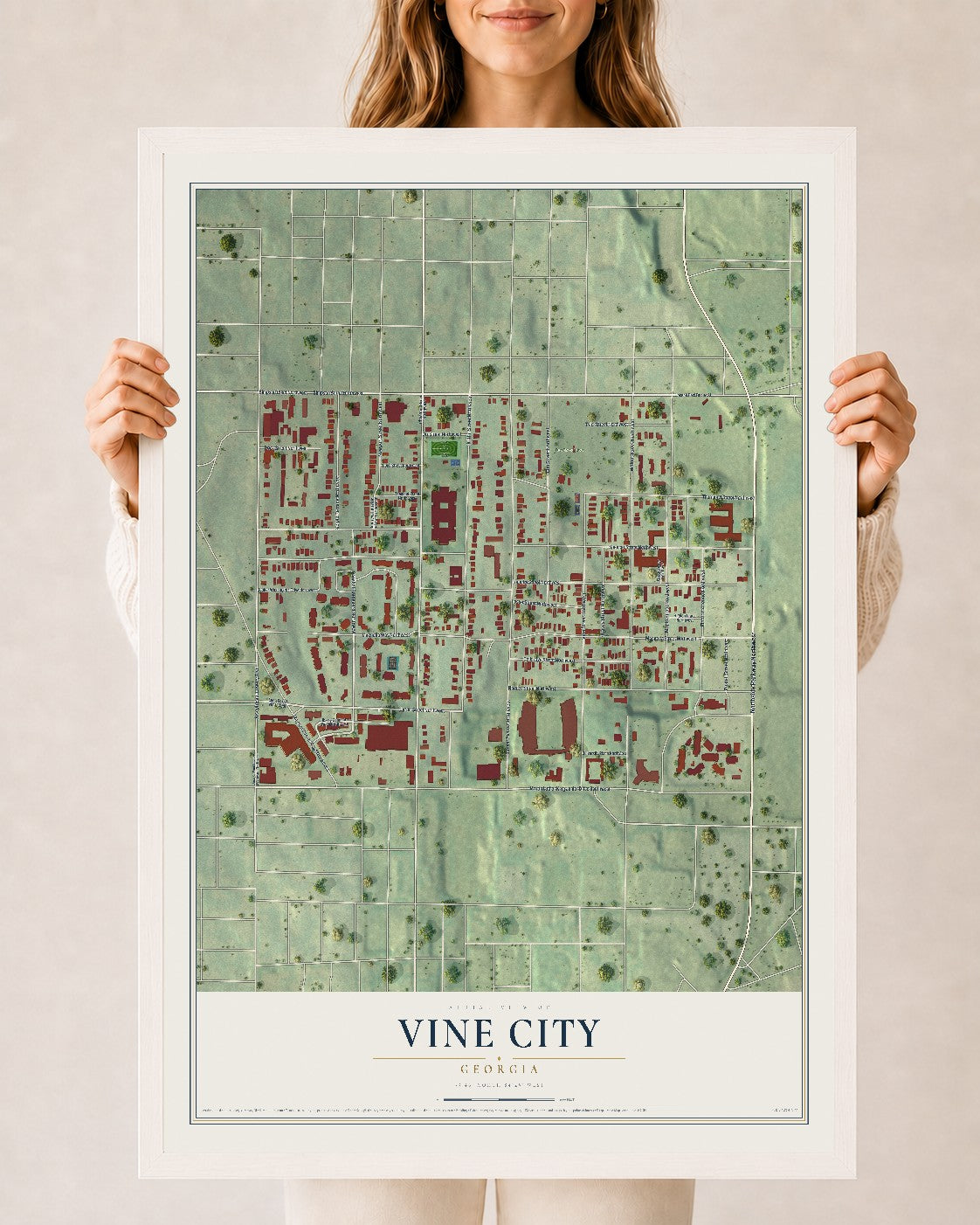 Vine City, Georgia map print, 24" x 36" W/ White Ayous Wood Frame mockup