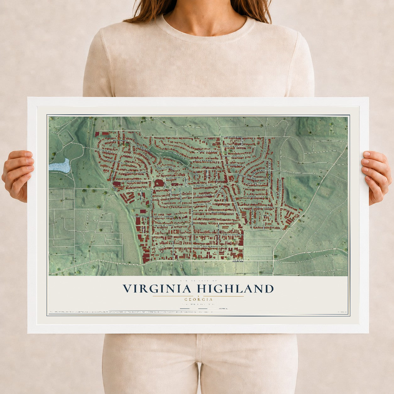Virginia Highland, Georgia map print, 12" x 18" W/ White Ayous Wood Frame mockup
