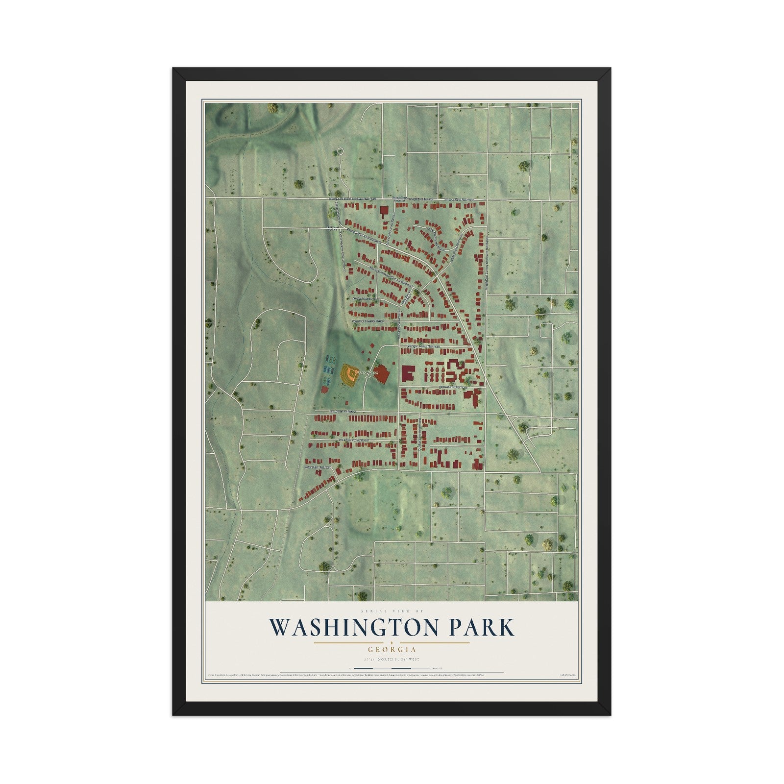 Washington Park, Georgia map print, 12" x 18" W/ Black Ayous Wood Frame mockup