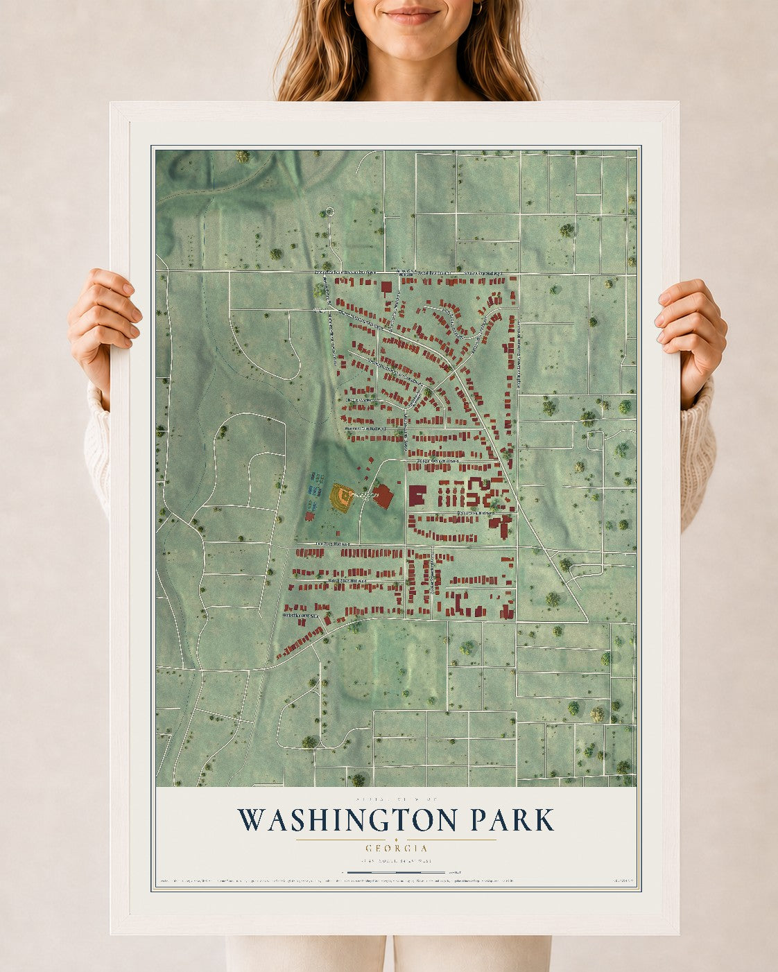 Washington Park, Georgia map print, 24" x 36" W/ White Ayous Wood Frame mockup