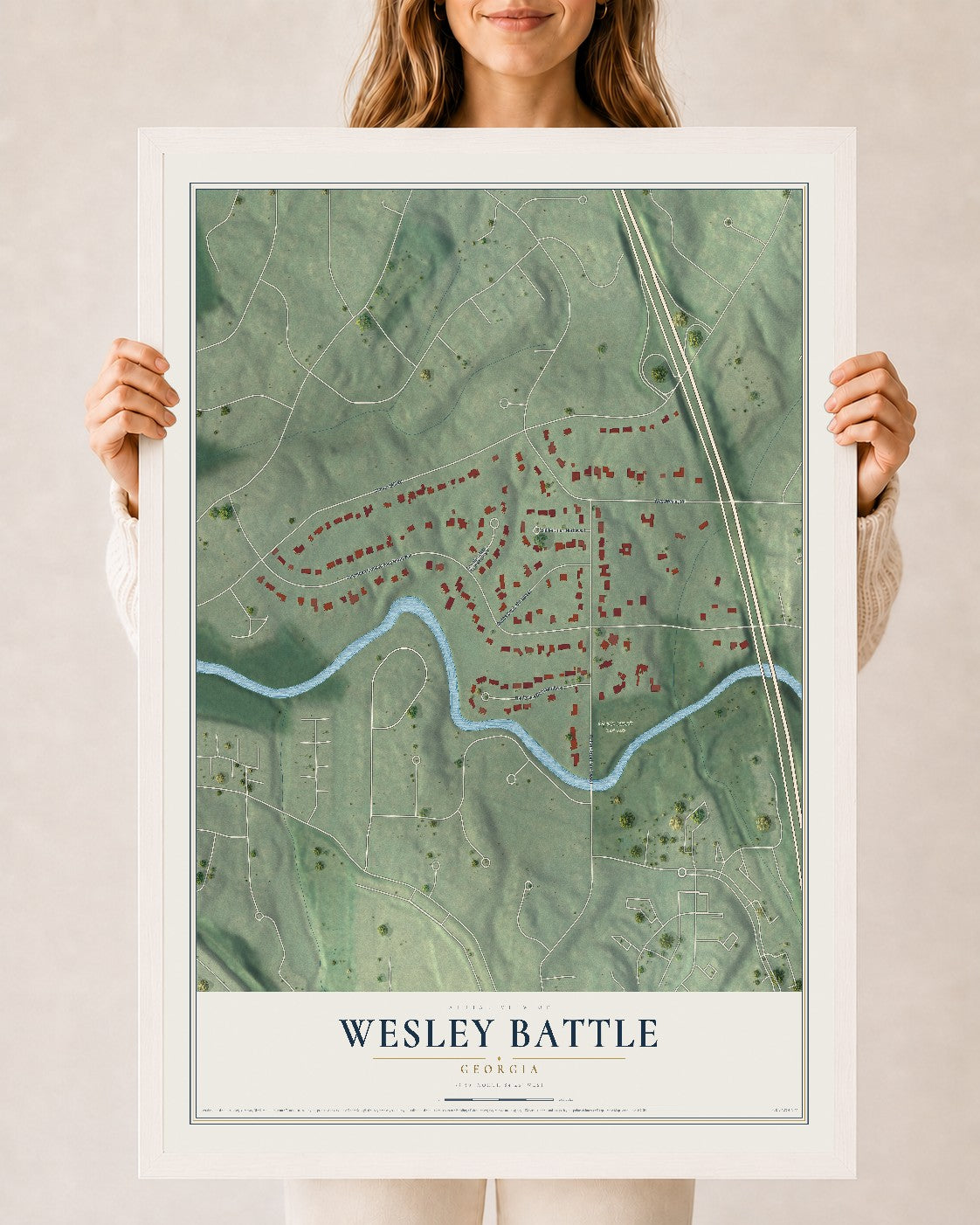 Wesley Battle, Georgia map print, 24" x 36" W/ White Ayous Wood Frame mockup
