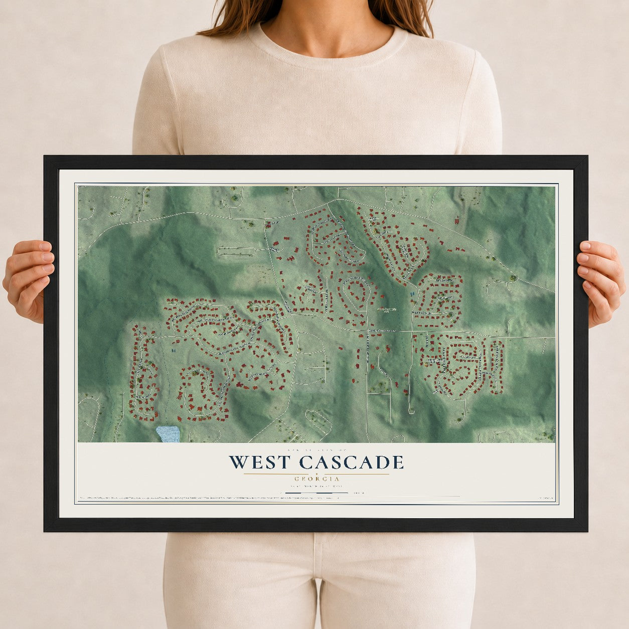 West Cascade, Georgia map print, 12" x 18" W/ Black Ayous Wood Frame mockup