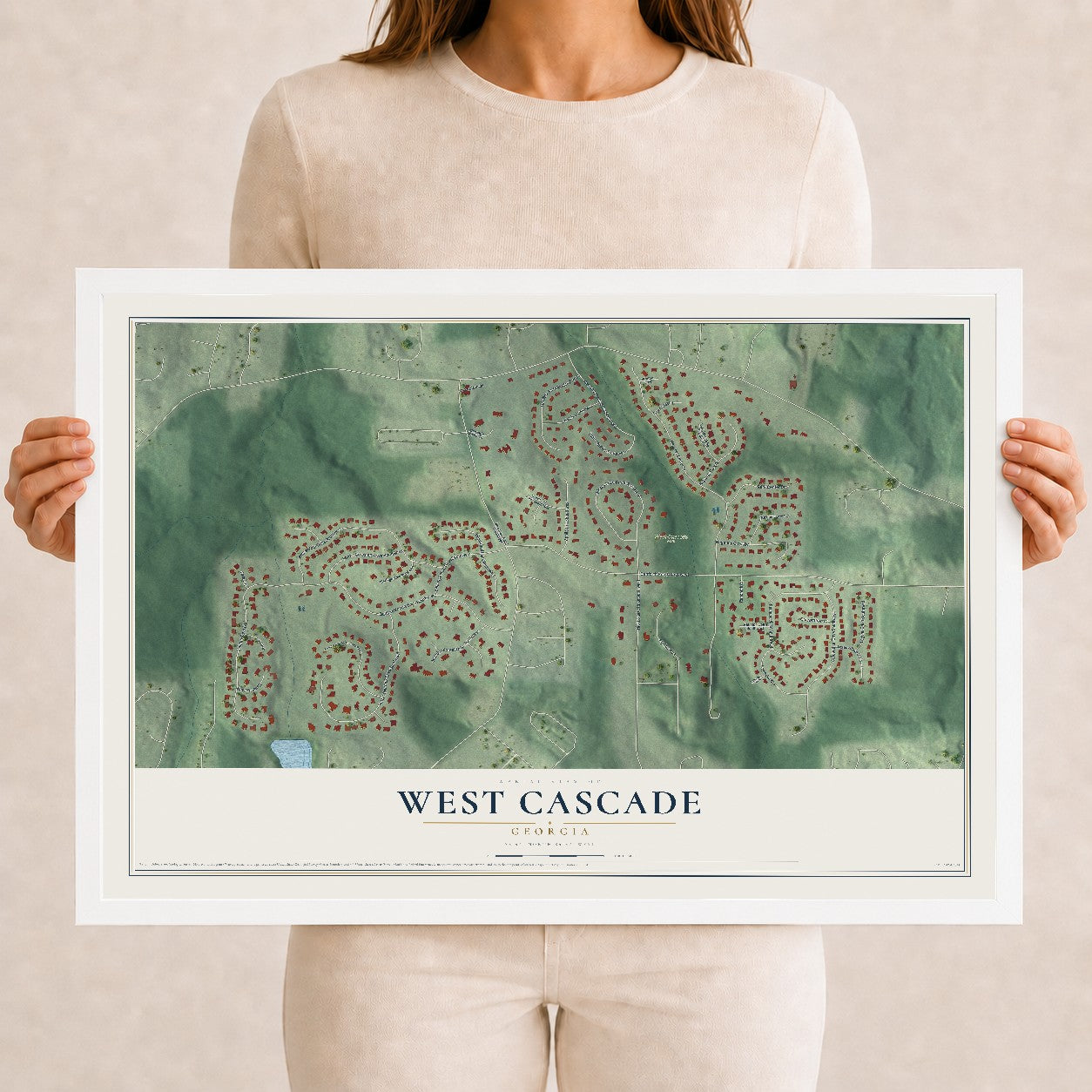 West Cascade, Georgia map print, 12" x 18" W/ White Ayous Wood Frame mockup