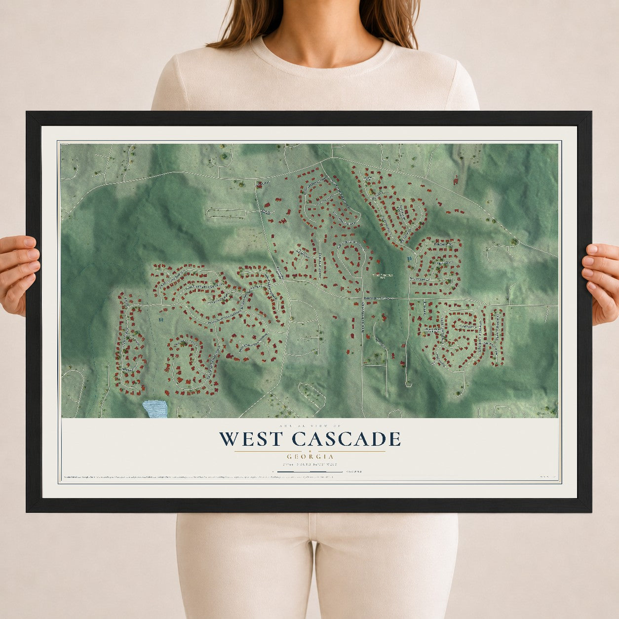 West Cascade, Georgia map print, 18" x 24" W/ Black Ayous Wood Frame mockup