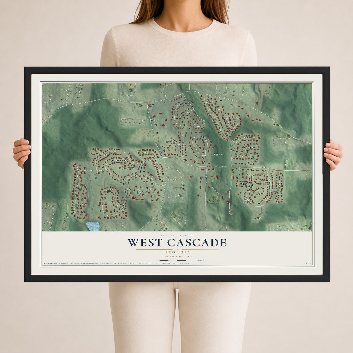 West Cascade, Georgia map print, 24" x 36" W/ Black Ayous Wood Frame mockup
