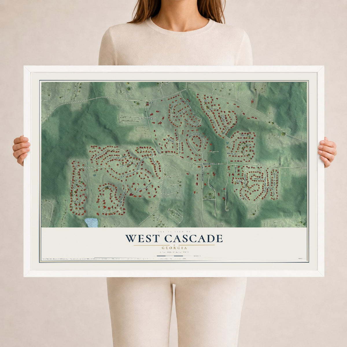 West Cascade, Georgia map print, 24" x 36" W/ White Ayous Wood Frame mockup
