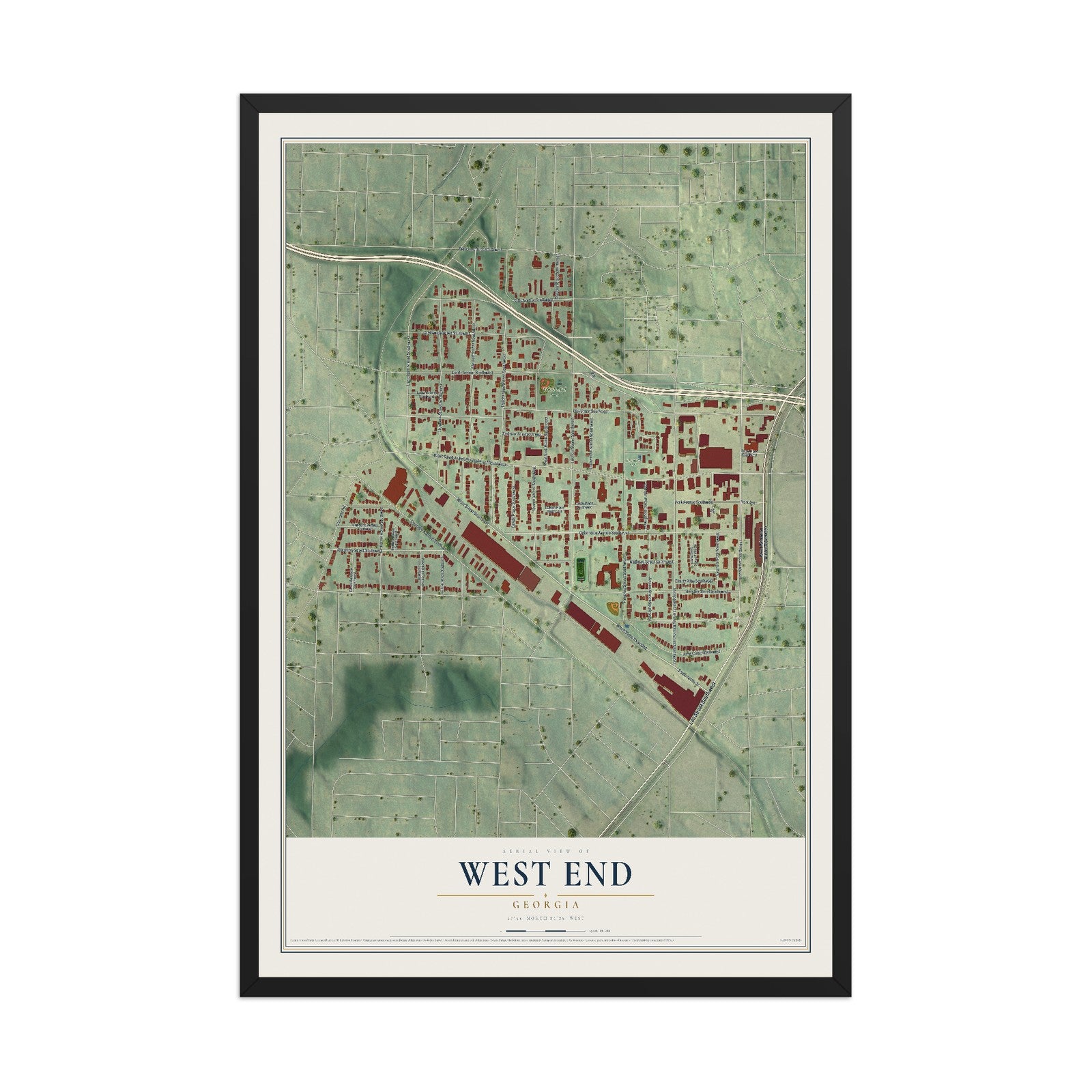 West End, Georgia map print, 12" x 18" W/ Black Ayous Wood Frame mockup