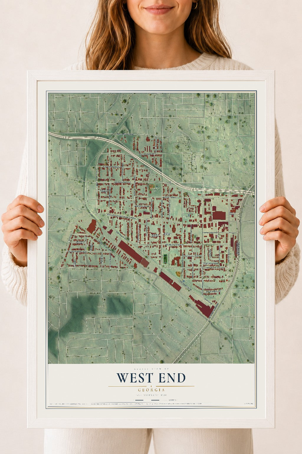 West End, Georgia map print, 18" x 24" W/ White Ayous Wood Frame mockup