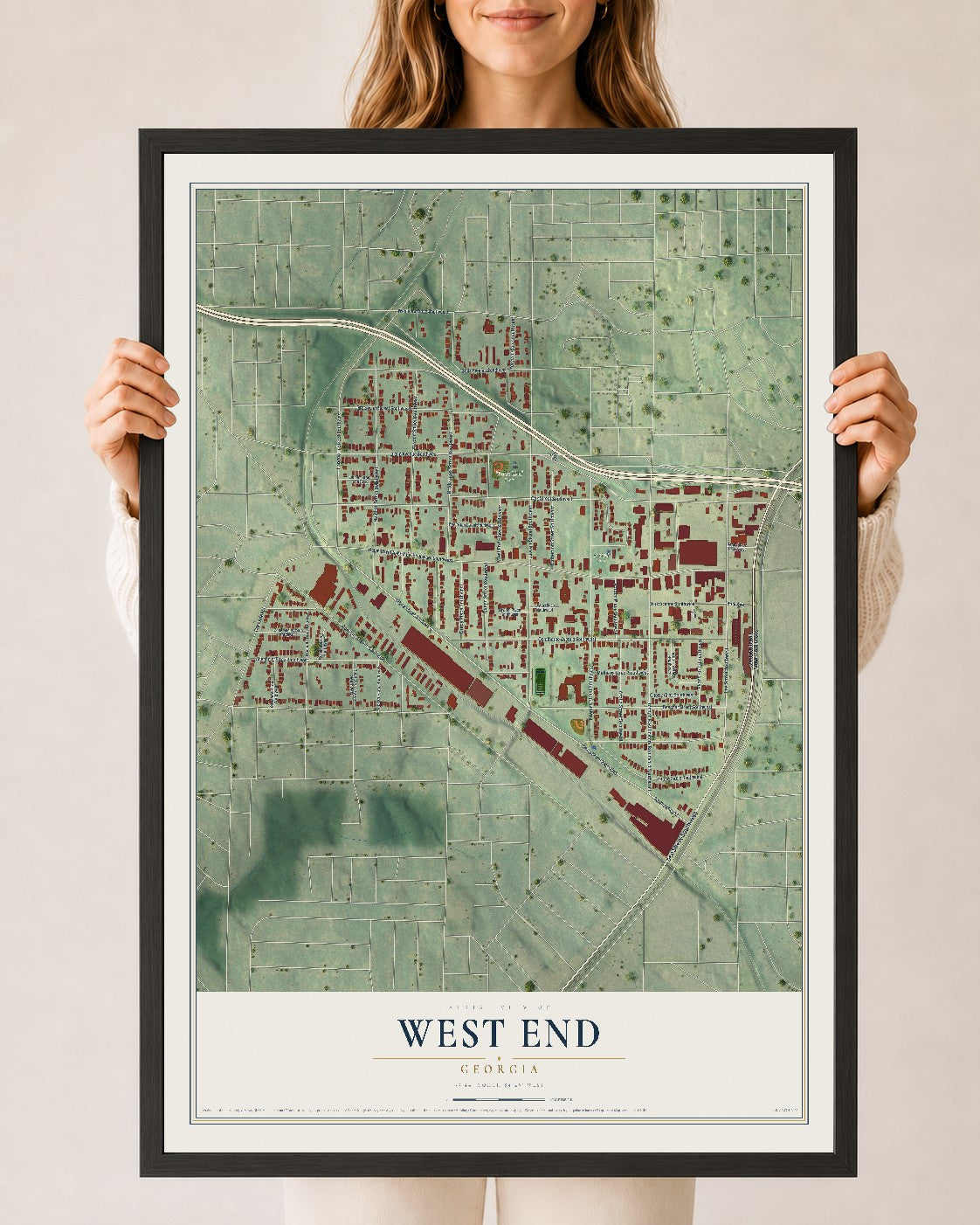 West End, Georgia map print, 24" x 36" W/ Black Ayous Wood Frame mockup