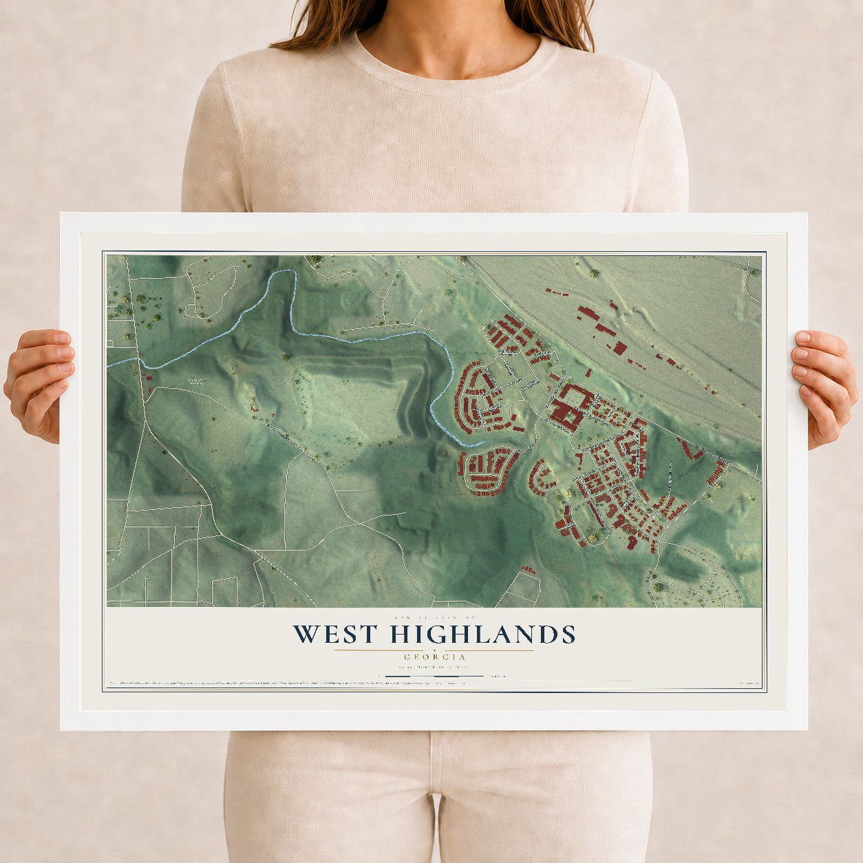 West Highlands, Georgia map print, 12" x 18" W/ White Ayous Wood Frame mockup