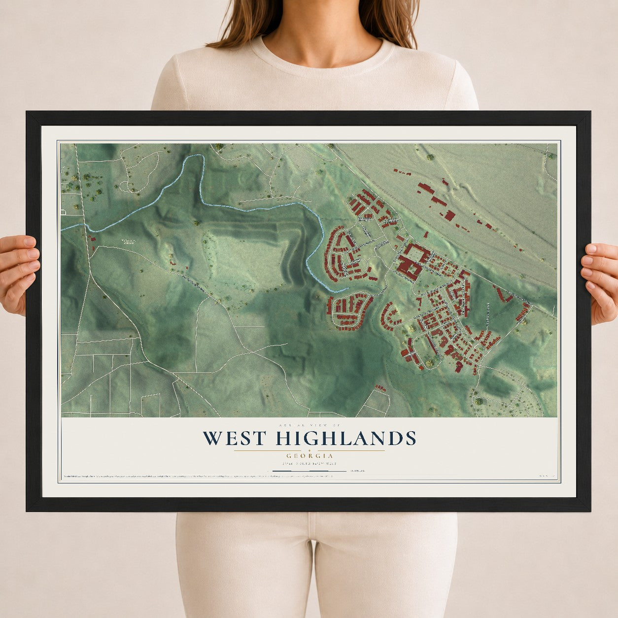 West Highlands, Georgia map print, 18" x 24" W/ Black Ayous Wood Frame mockup