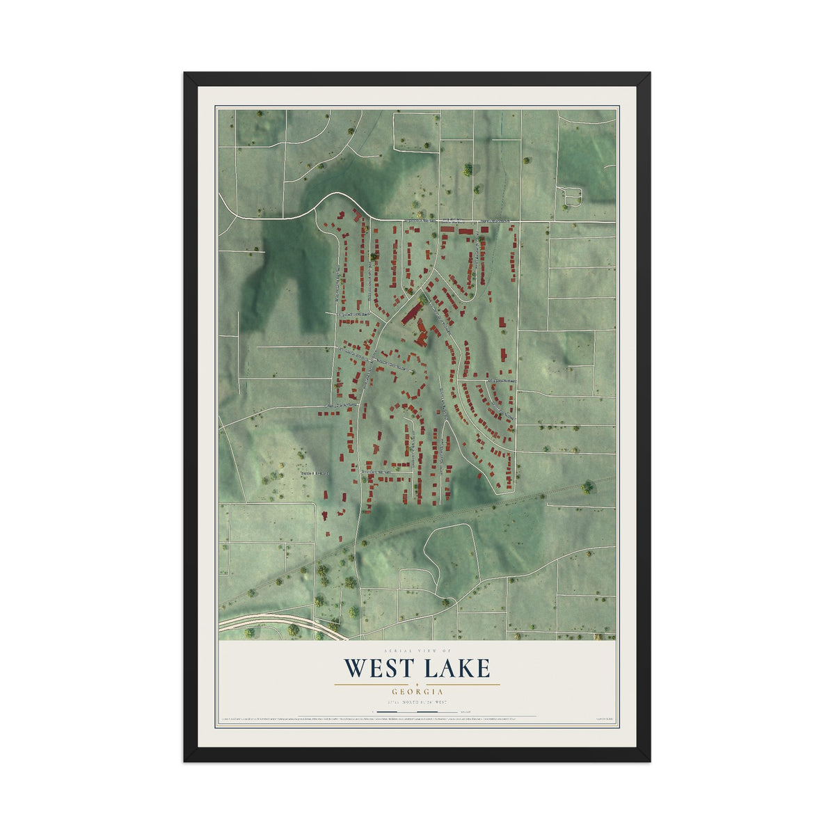 West Lake, Georgia map print, 12" x 18" W/ Black Ayous Wood Frame mockup