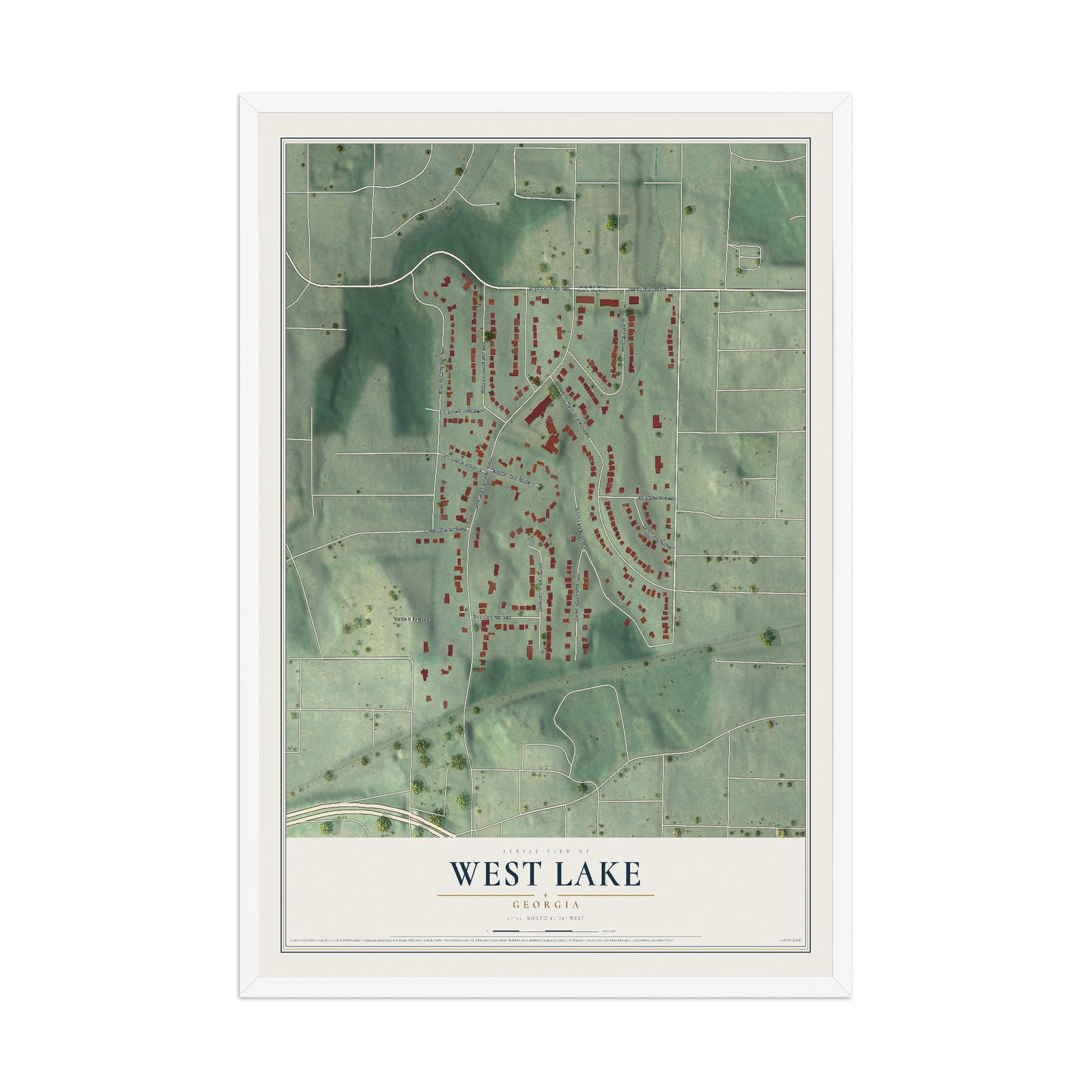 West Lake, Georgia map print, 12" x 18" W/ White Ayous Wood Frame mockup