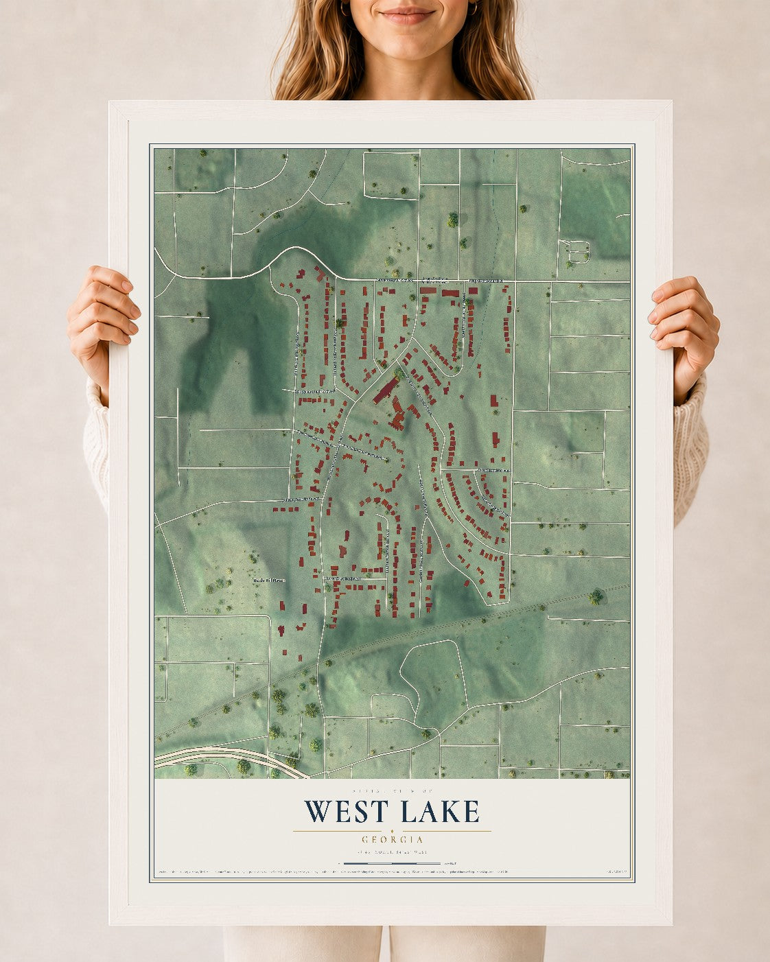 West Lake, Georgia map print, 24" x 36" W/ White Ayous Wood Frame mockup