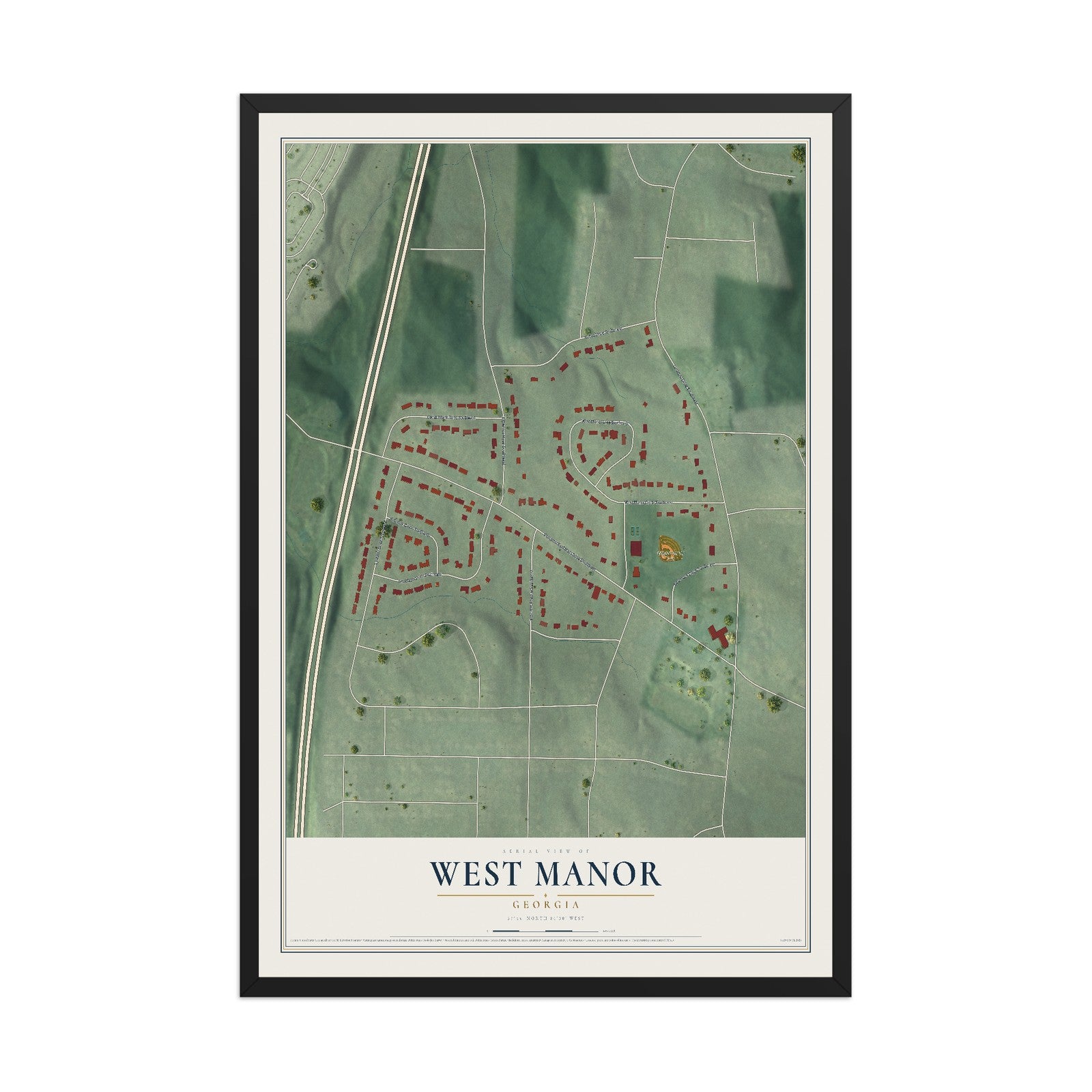 West Manor, Georgia map print, 12" x 18" W/ Black Ayous Wood Frame mockup