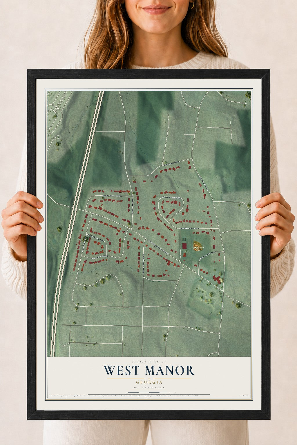 West Manor, Georgia map print, 18" x 24" W/ Black Ayous Wood Frame mockup