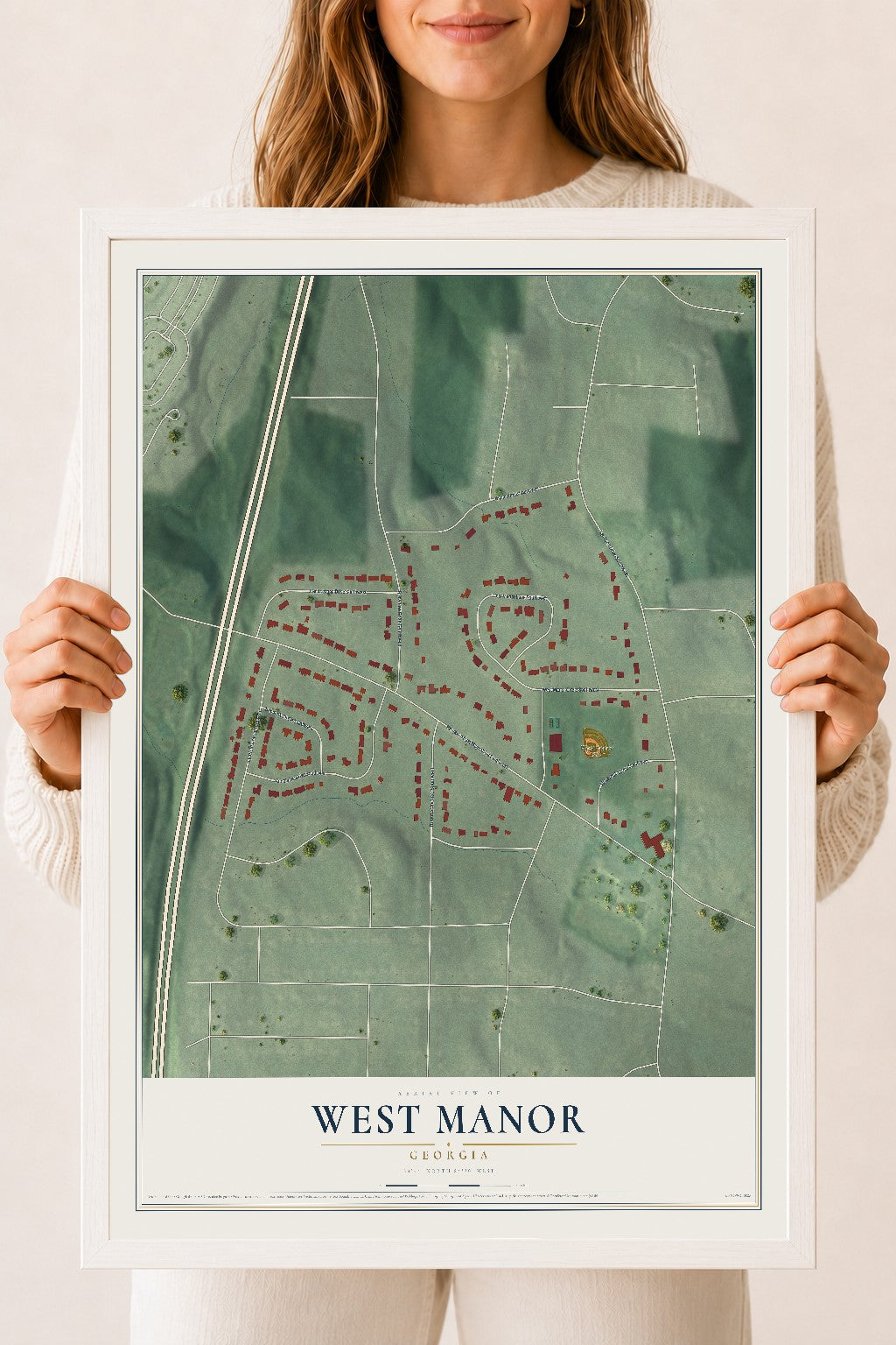 West Manor, Georgia map print, 18" x 24" W/ White Ayous Wood Frame mockup