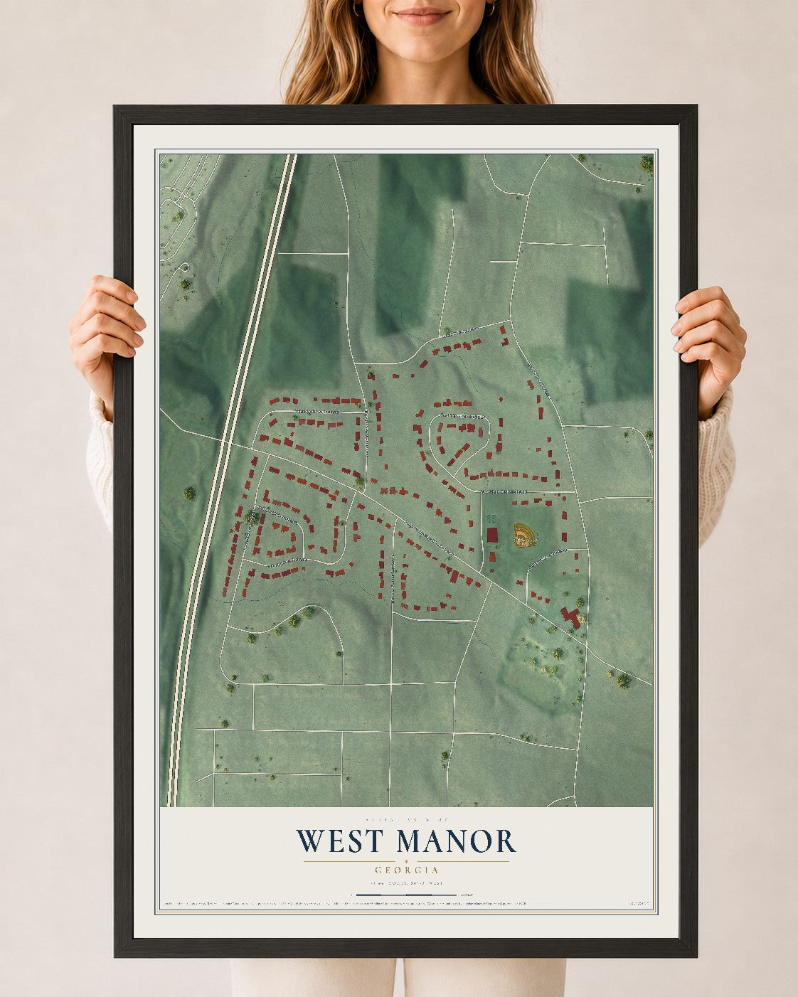 West Manor, Georgia map print, 24" x 36" W/ Black Ayous Wood Frame mockup