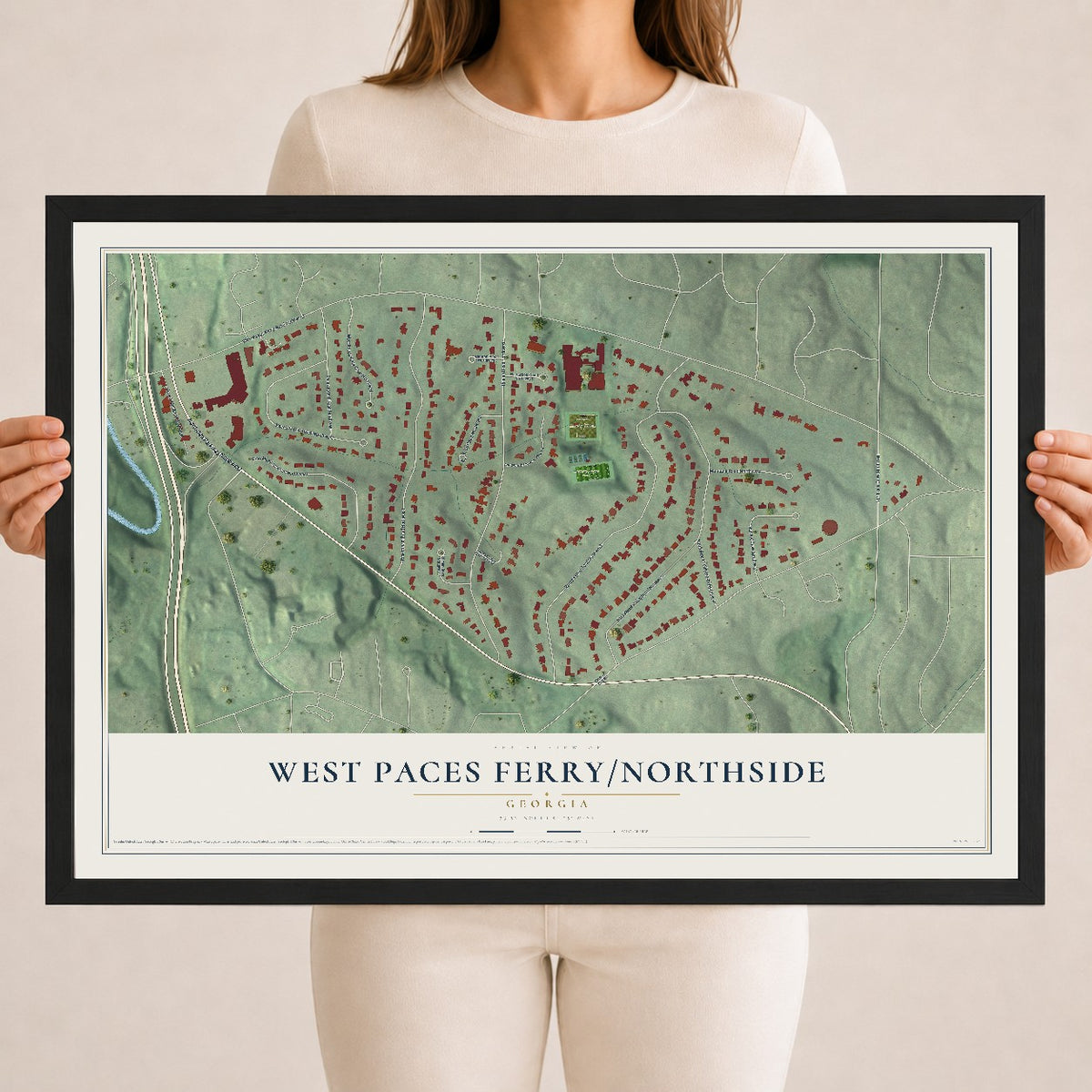 West Paces Ferry-Northside, Georgia map print, 18" x 24" W/ Black Ayous Wood Frame mockup