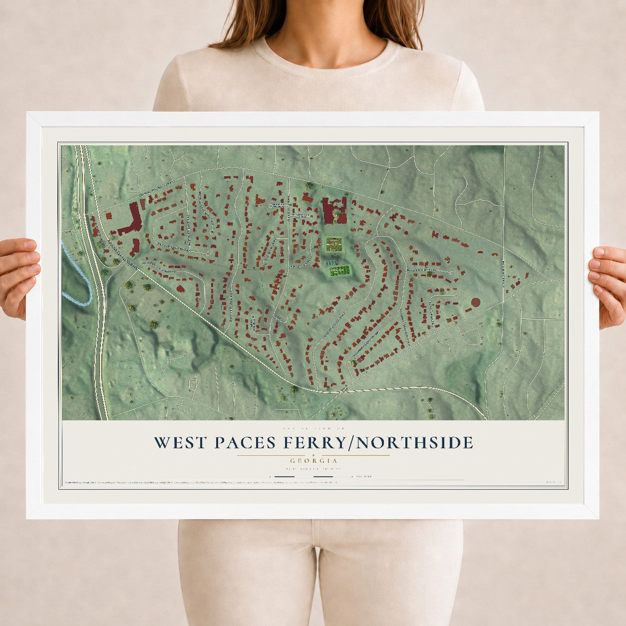 West Paces Ferry-Northside, Georgia map print, 18" x 24" W/ White Ayous Wood Frame mockup