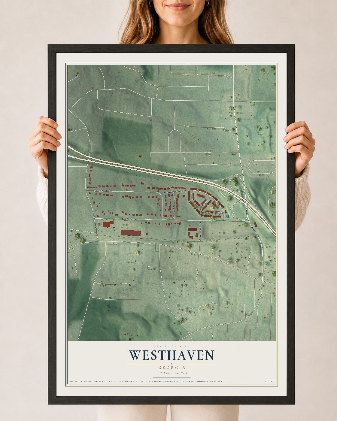 Westhaven, Georgia map print, 24" x 36" W/ Black Ayous Wood Frame mockup