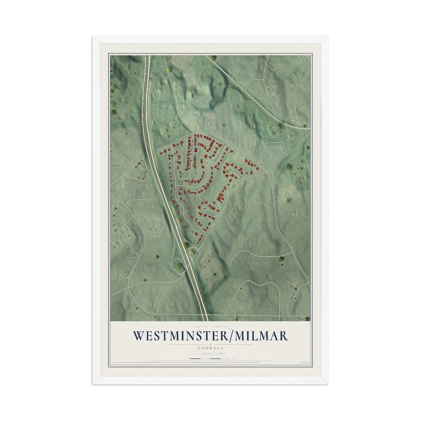 Westminster-Milmar, Georgia map print, 12" x 18" W/ White Ayous Wood Frame mockup