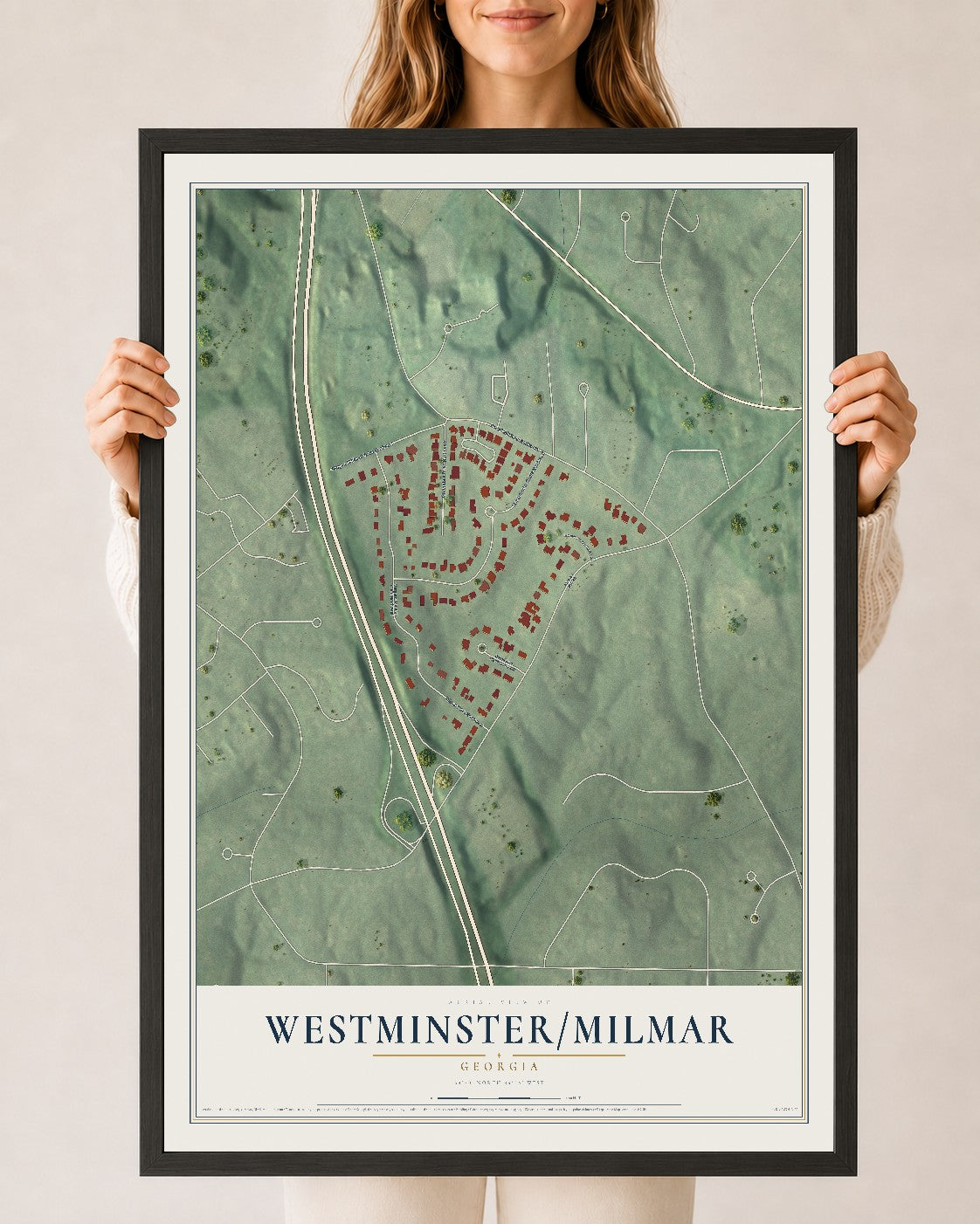 Westminster-Milmar, Georgia map print, 24" x 36" W/ Black Ayous Wood Frame mockup