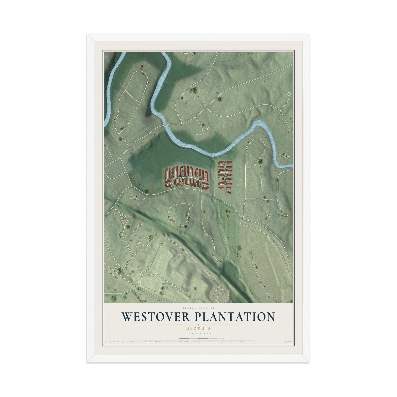Westover Plantation, Georgia map print, 12" x 18" W/ White Ayous Wood Frame mockup