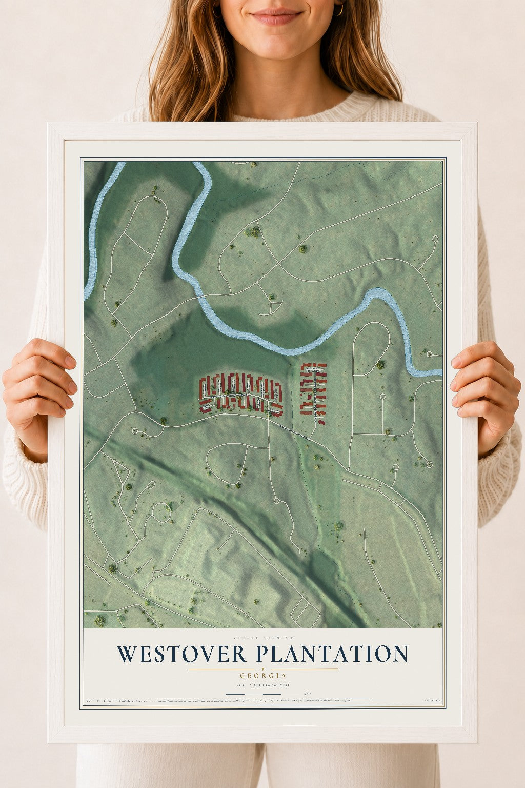 Westover Plantation, Georgia map print, 18" x 24" W/ White Ayous Wood Frame mockup