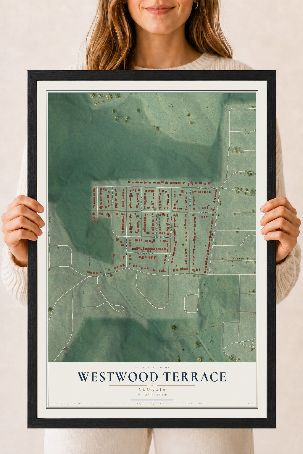 Westwood Terrace, Georgia map print, 18" x 24" W/ Black Ayous Wood Frame mockup