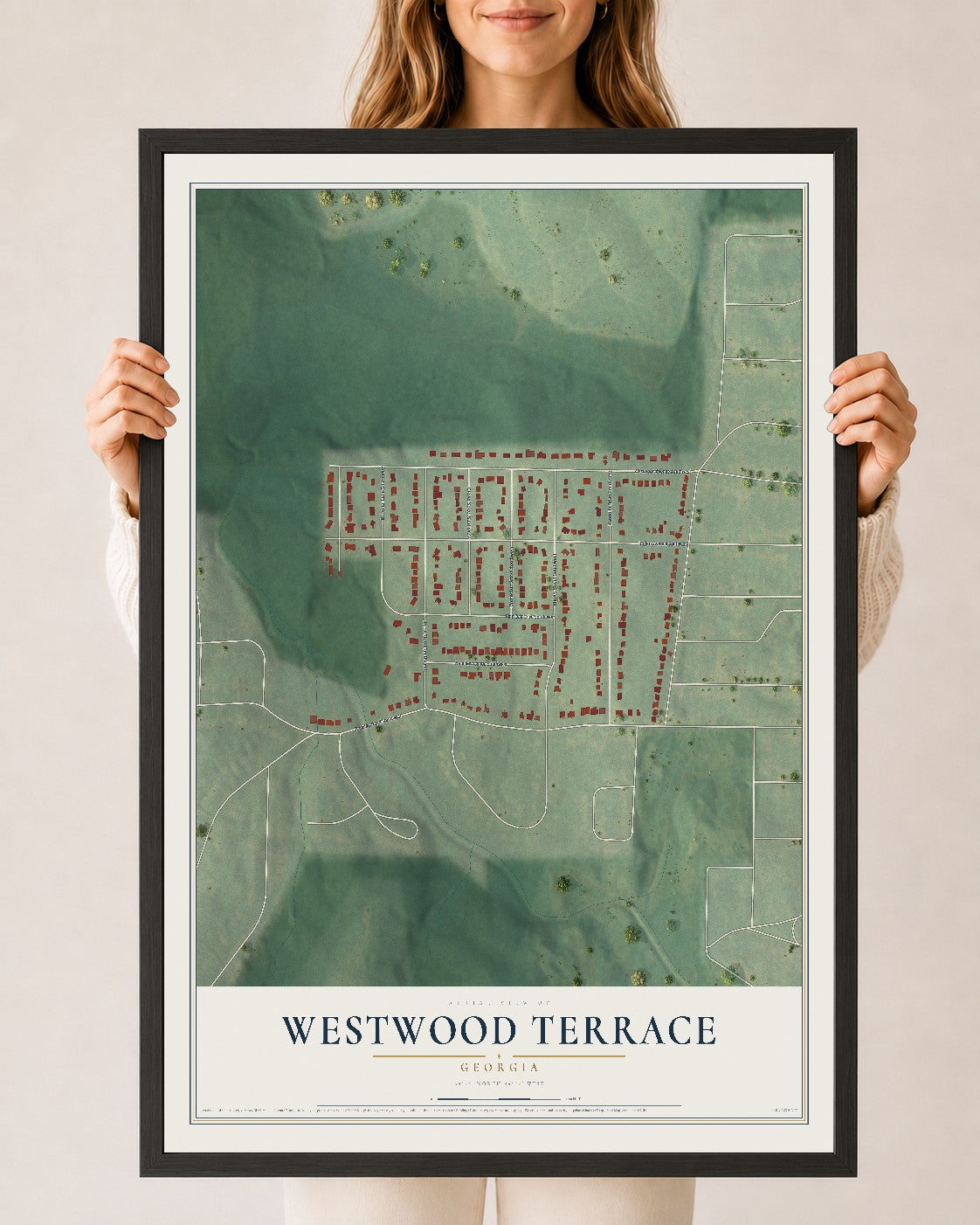 Westwood Terrace, Georgia map print, 24" x 36" W/ Black Ayous Wood Frame mockup