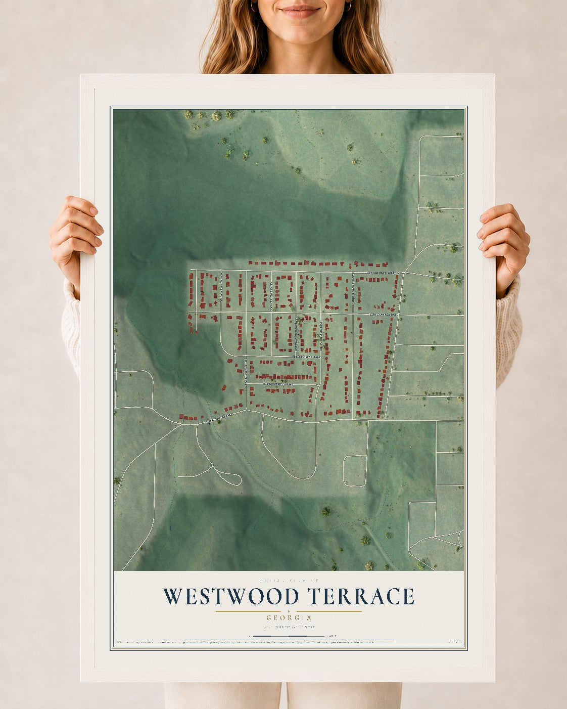 Westwood Terrace, Georgia map print, 24" x 36" W/ White Ayous Wood Frame mockup